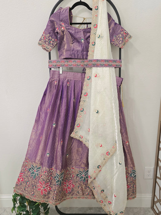 Luxury Lavender Mauve & Ivory Space Silk Half Saree Lehenga Set with Multicolor Floral Embroidery, Stitched Blouse & Hip Belt | Junior Size 32–38