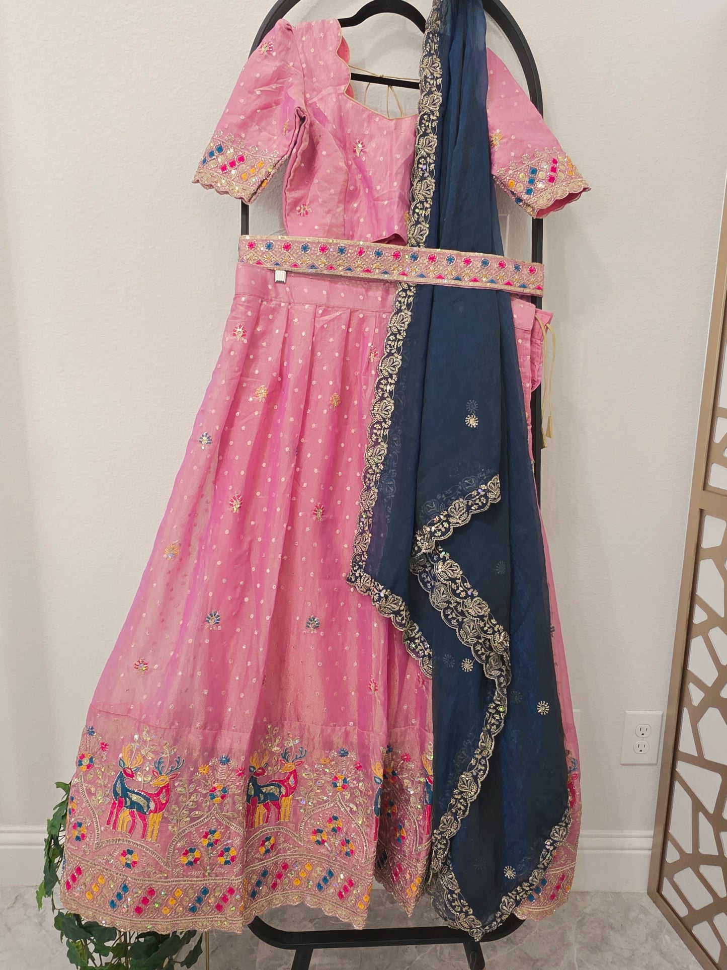 Luxury Rose Pink & Midnight Navy Blue Space Silk Half Saree Lehenga Set with Multicolor Peacock & Deer Embroidery, Stitched Blouse & Hip Belt | Size 34–40