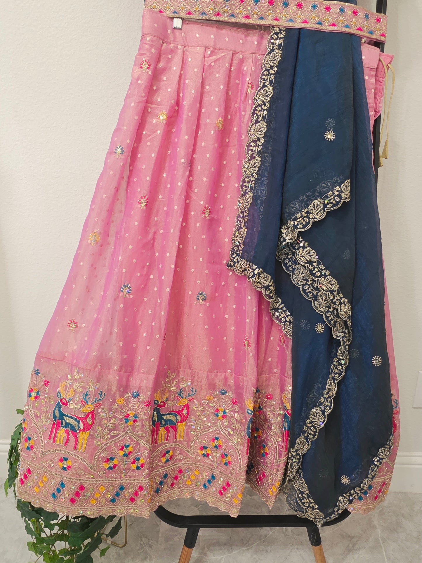 Luxury Rose Pink & Midnight Navy Blue Space Silk Half Saree Lehenga Set with Multicolor Peacock & Deer Embroidery, Stitched Blouse & Hip Belt | Size 34–40