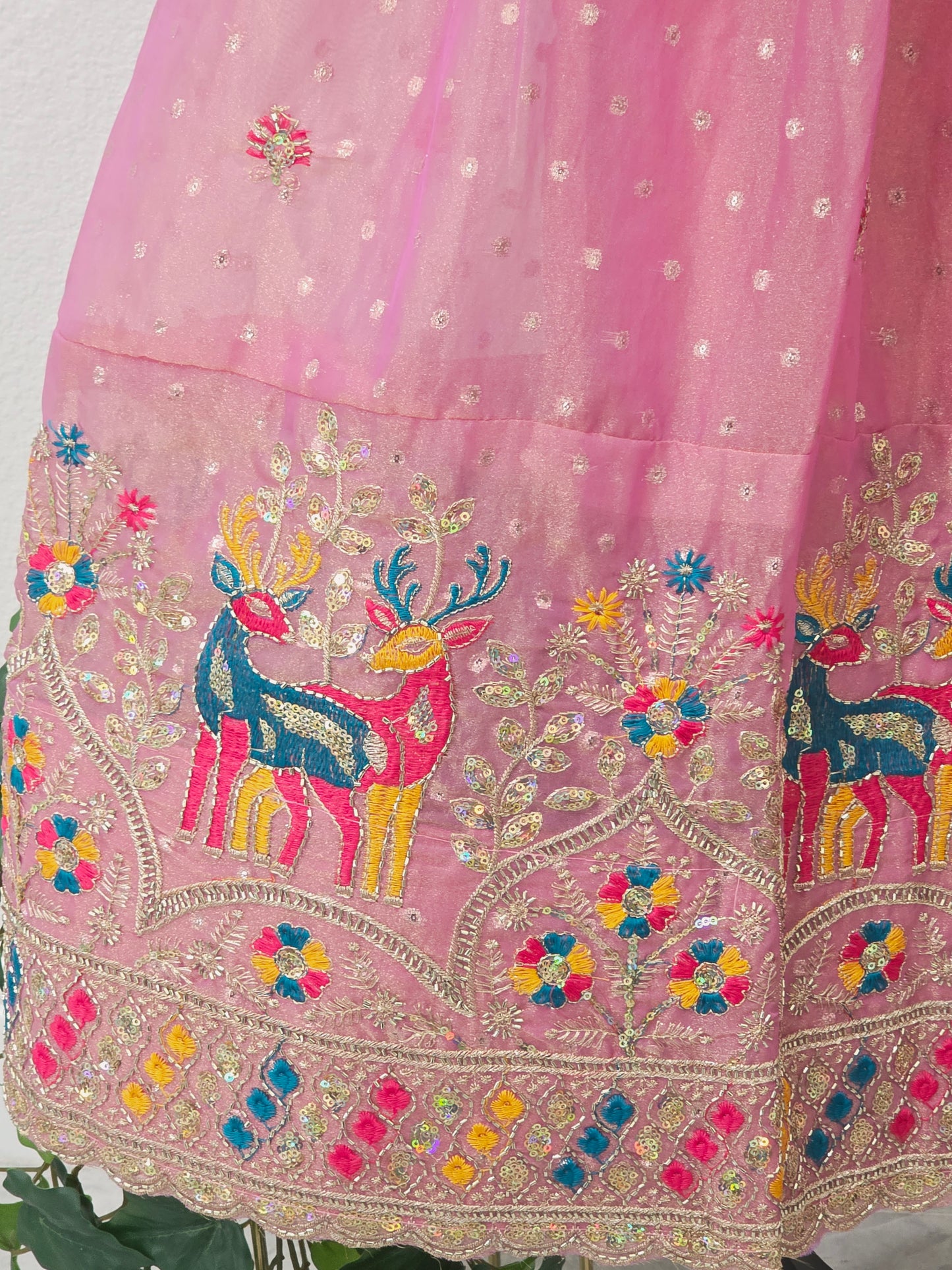 Luxury Rose Pink & Midnight Navy Blue Space Silk Half Saree Lehenga Set with Multicolor Peacock & Deer Embroidery, Stitched Blouse & Hip Belt | Size 34–40