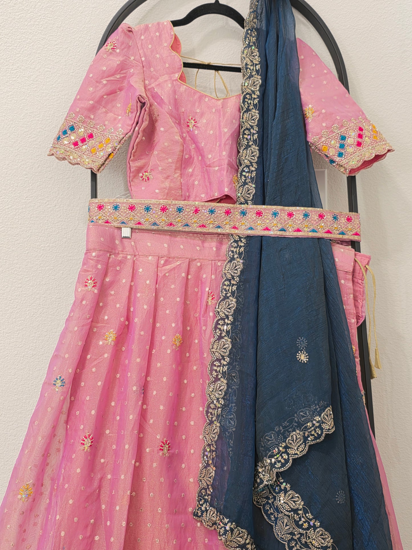 Luxury Rose Pink & Midnight Navy Blue Space Silk Half Saree Lehenga Set with Multicolor Peacock & Deer Embroidery, Stitched Blouse & Hip Belt | Size 34–40