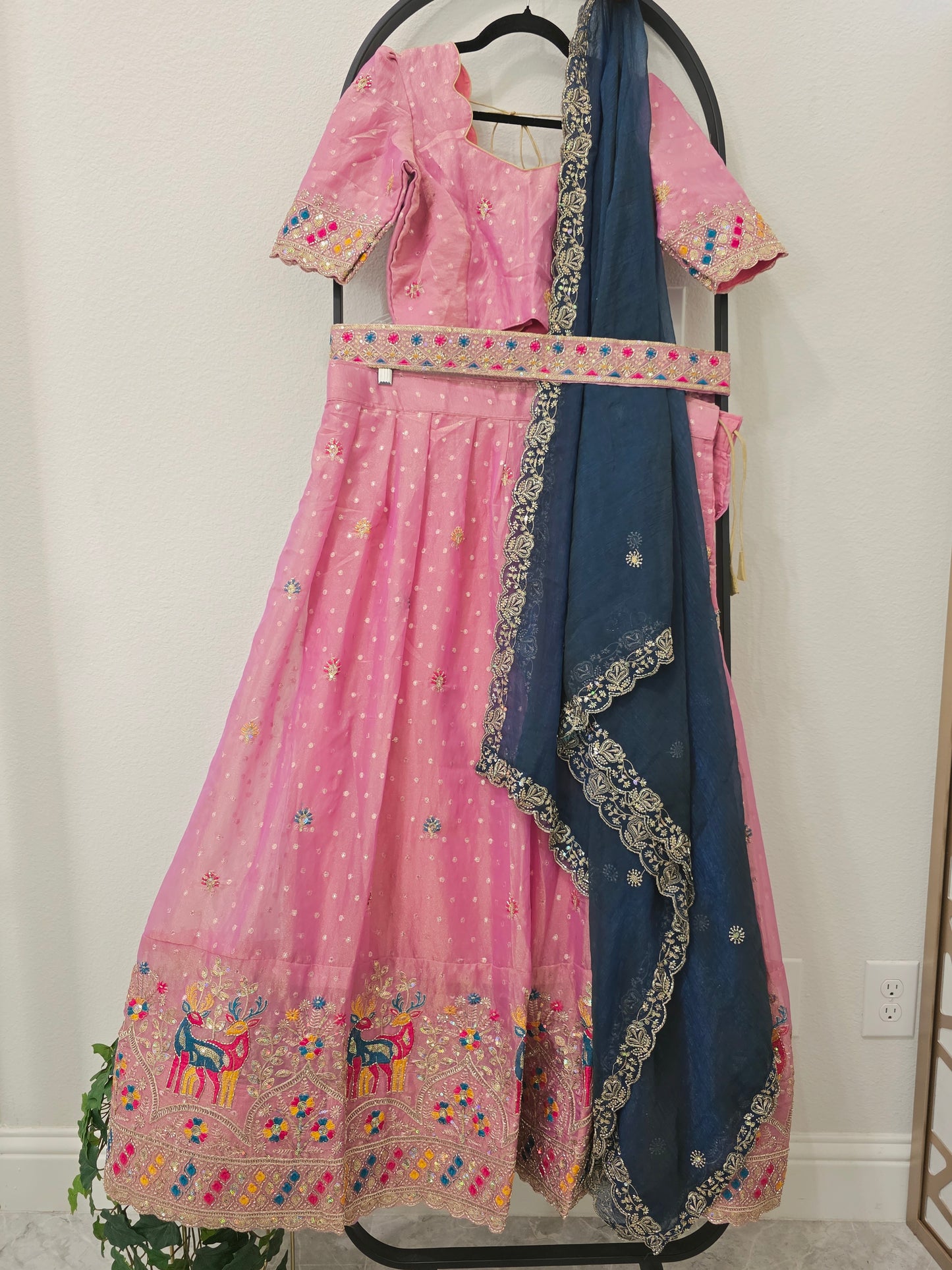 Luxury Rose Pink & Midnight Navy Blue Space Silk Half Saree Lehenga Set with Multicolor Peacock & Deer Embroidery, Stitched Blouse & Hip Belt | Size 34–40