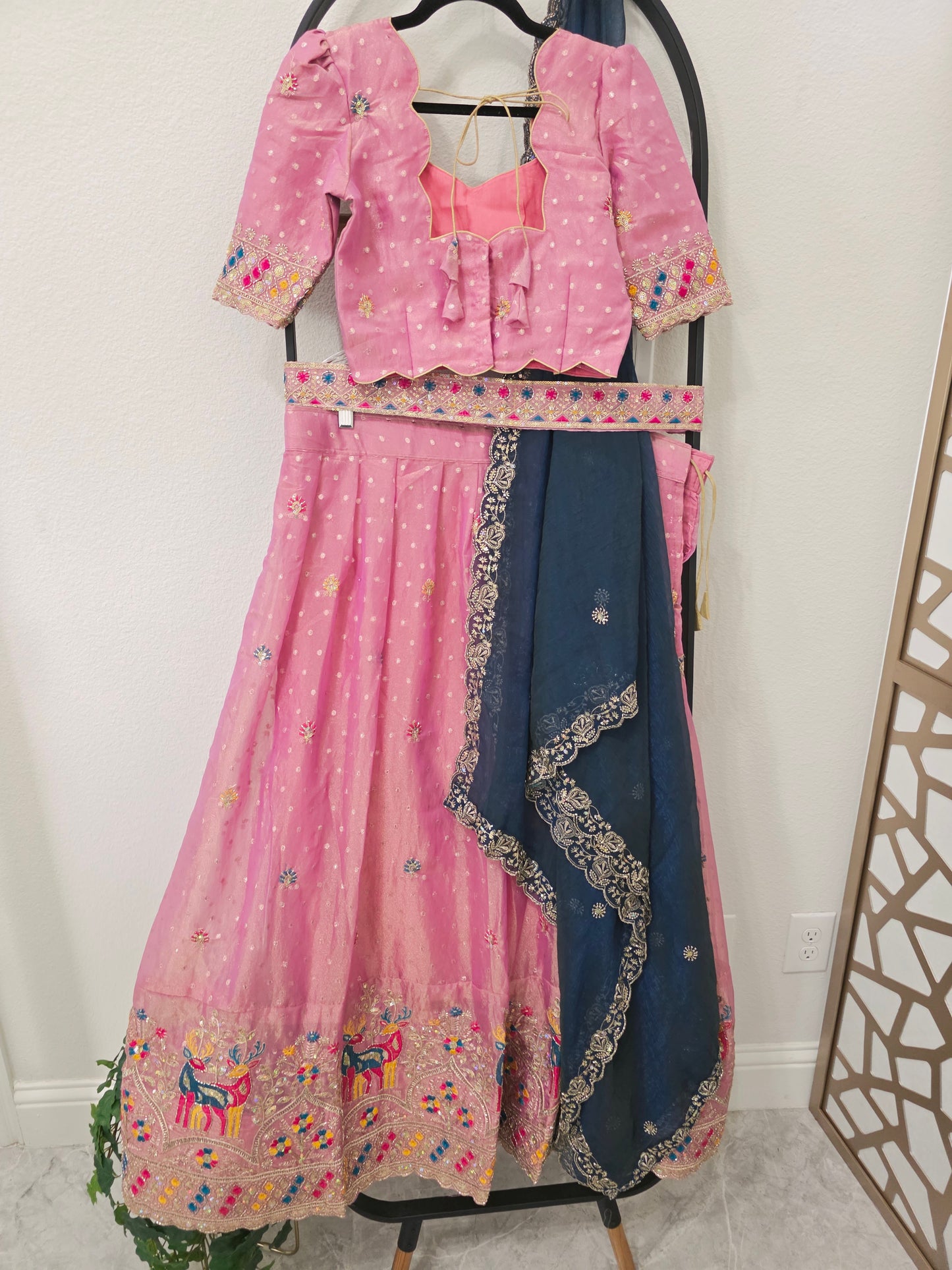 Luxury Rose Pink & Midnight Navy Blue Space Silk Half Saree Lehenga Set with Multicolor Peacock & Deer Embroidery, Stitched Blouse & Hip Belt | Size 34–40