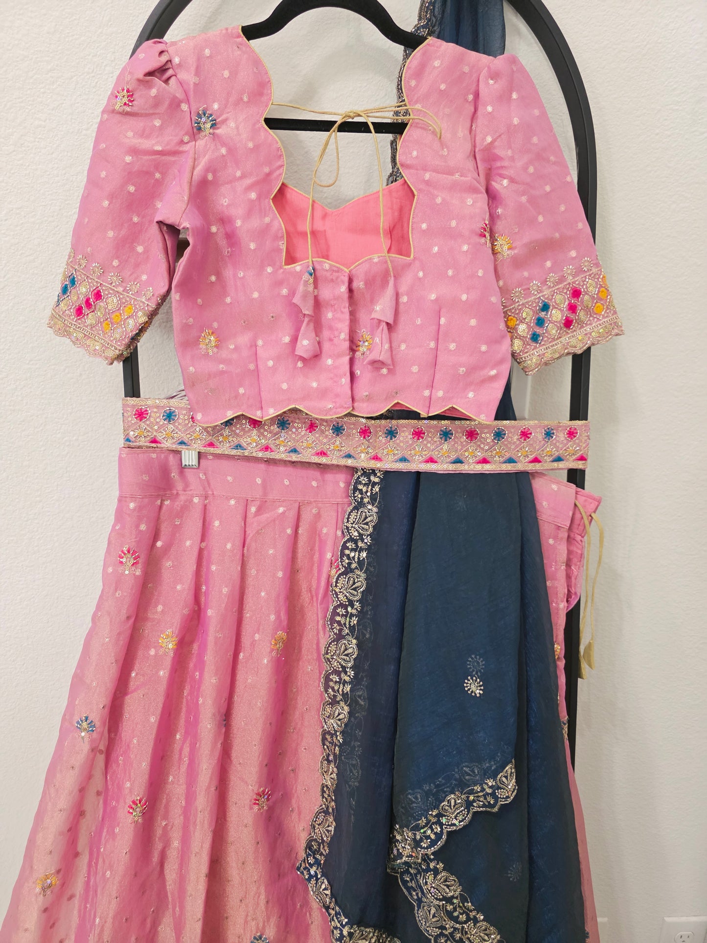 Luxury Rose Pink & Midnight Navy Blue Space Silk Half Saree Lehenga Set with Multicolor Peacock & Deer Embroidery, Stitched Blouse & Hip Belt | Size 34–40