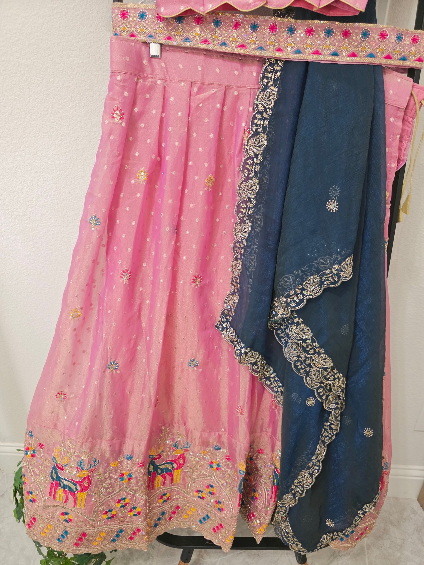 Luxury Rose Pink & Midnight Navy Blue Space Silk Half Saree Lehenga Set with Multicolor Peacock & Deer Embroidery, Stitched Blouse & Hip Belt | Size 34–40