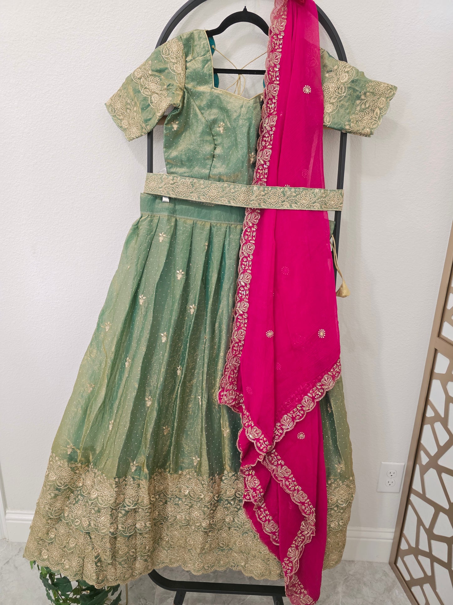 Luxury Sage Green & Rani Pink Space Silk Half Saree Lehenga Set with Gold Embroidery, Stitched Blouse & Hip Belt | Size 36–42