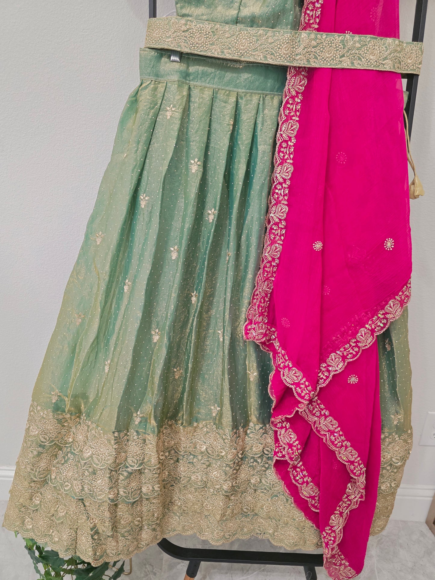 Luxury Sage Green & Rani Pink Space Silk Half Saree Lehenga Set with Gold Embroidery, Stitched Blouse & Hip Belt | Size 36–42