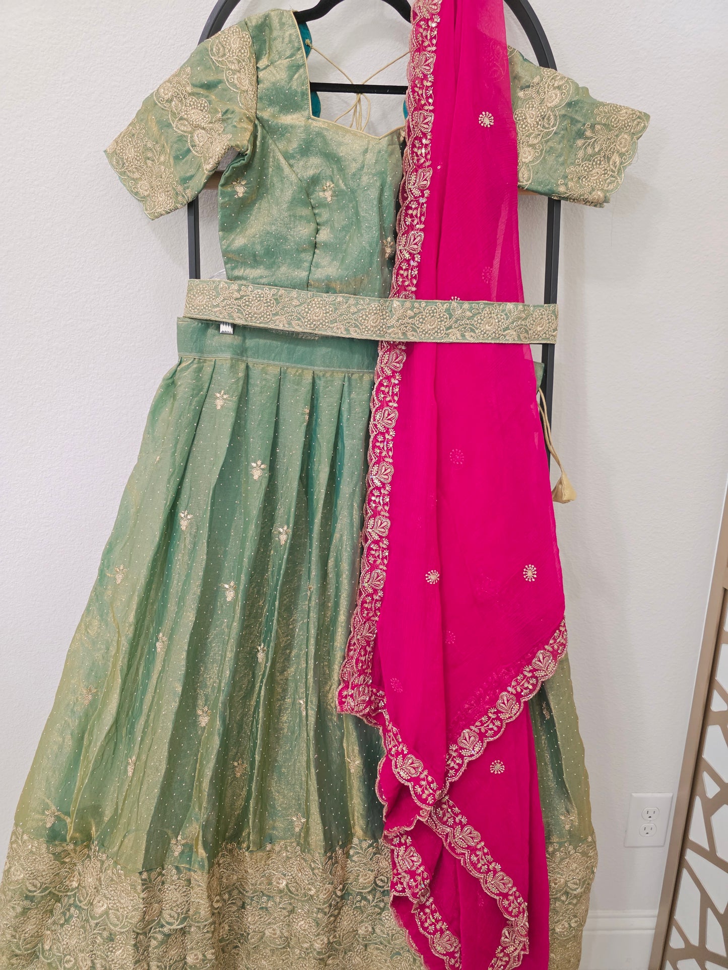 Luxury Sage Green & Rani Pink Space Silk Half Saree Lehenga Set with Gold Embroidery, Stitched Blouse & Hip Belt | Size 36–42