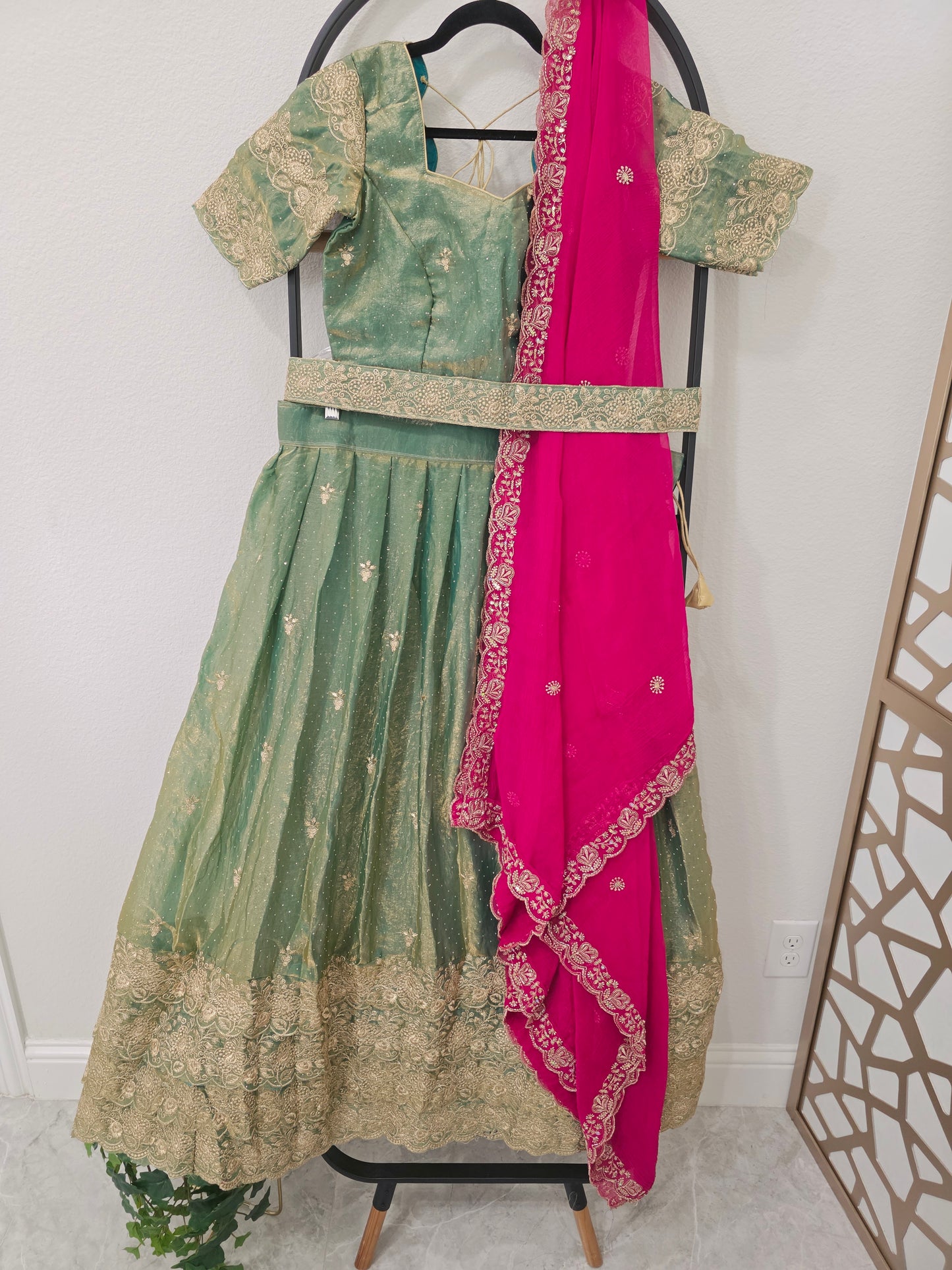 Luxury Sage Green & Rani Pink Space Silk Half Saree Lehenga Set with Gold Embroidery, Stitched Blouse & Hip Belt | Size 36–42