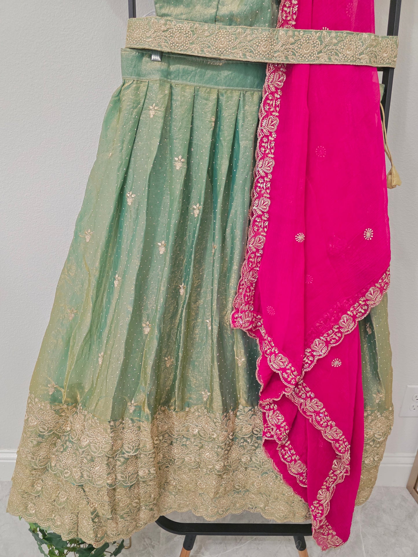 Luxury Sage Green & Rani Pink Space Silk Half Saree Lehenga Set with Gold Embroidery, Stitched Blouse & Hip Belt | Size 36–42