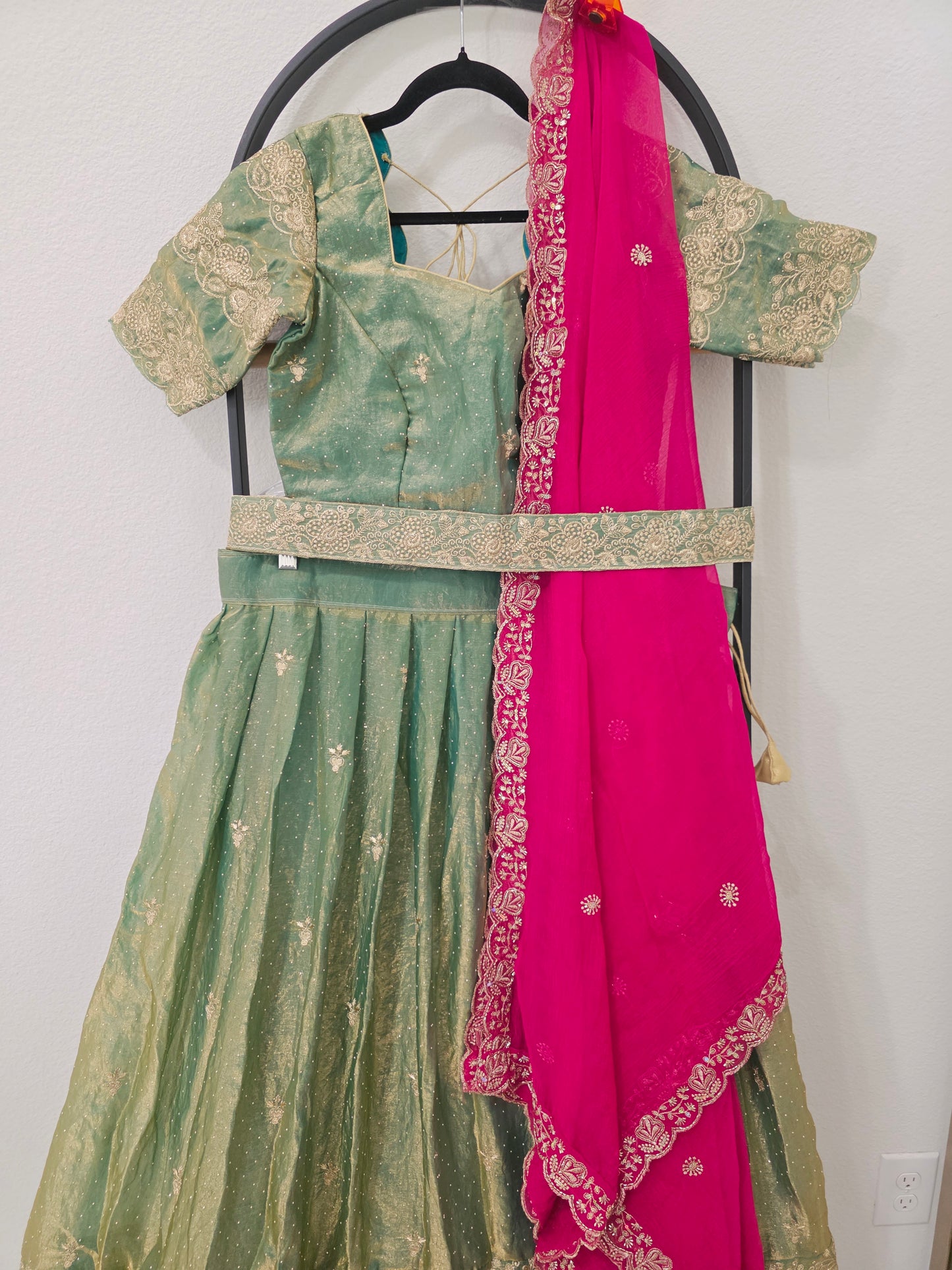 Luxury Sage Green & Rani Pink Space Silk Half Saree Lehenga Set with Gold Embroidery, Stitched Blouse & Hip Belt | Size 36–42