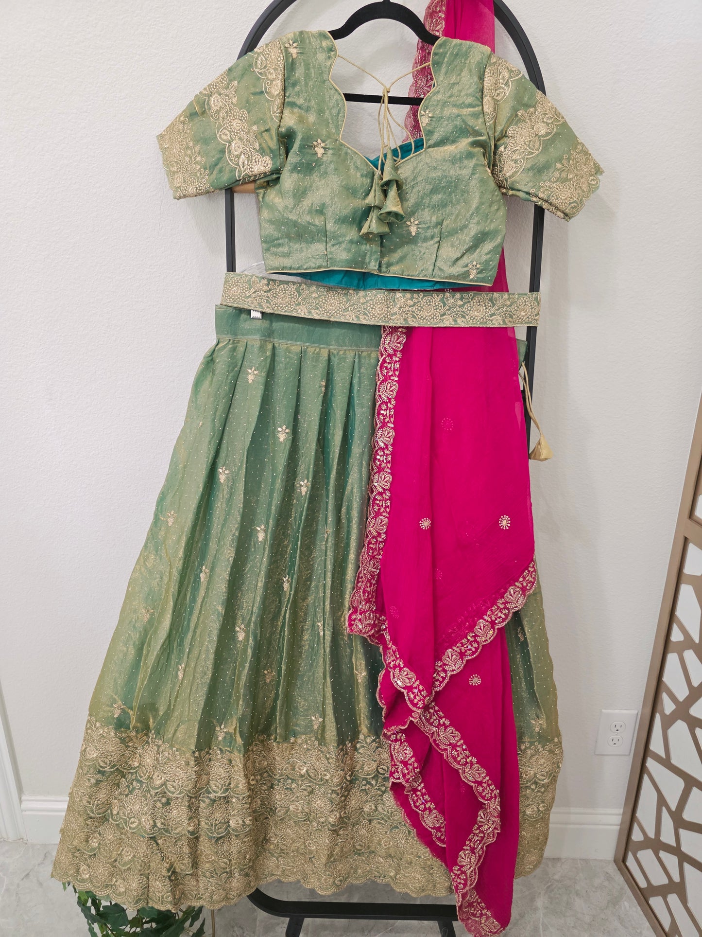 Luxury Sage Green & Rani Pink Space Silk Half Saree Lehenga Set with Gold Embroidery, Stitched Blouse & Hip Belt | Size 36–42