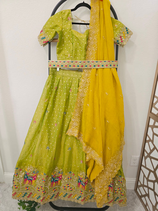 Lime Green Space Silk Deer Embroidered Half Saree Set with Yellow Dupatta
