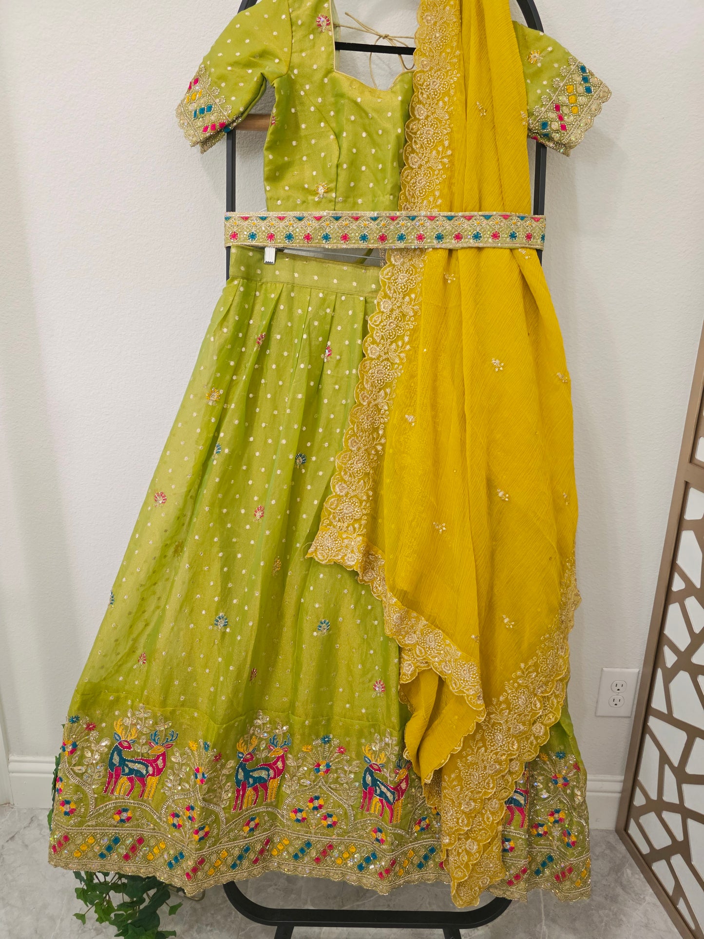Lime Green Space Silk Deer Embroidered Half Saree Set with Yellow Dupatta