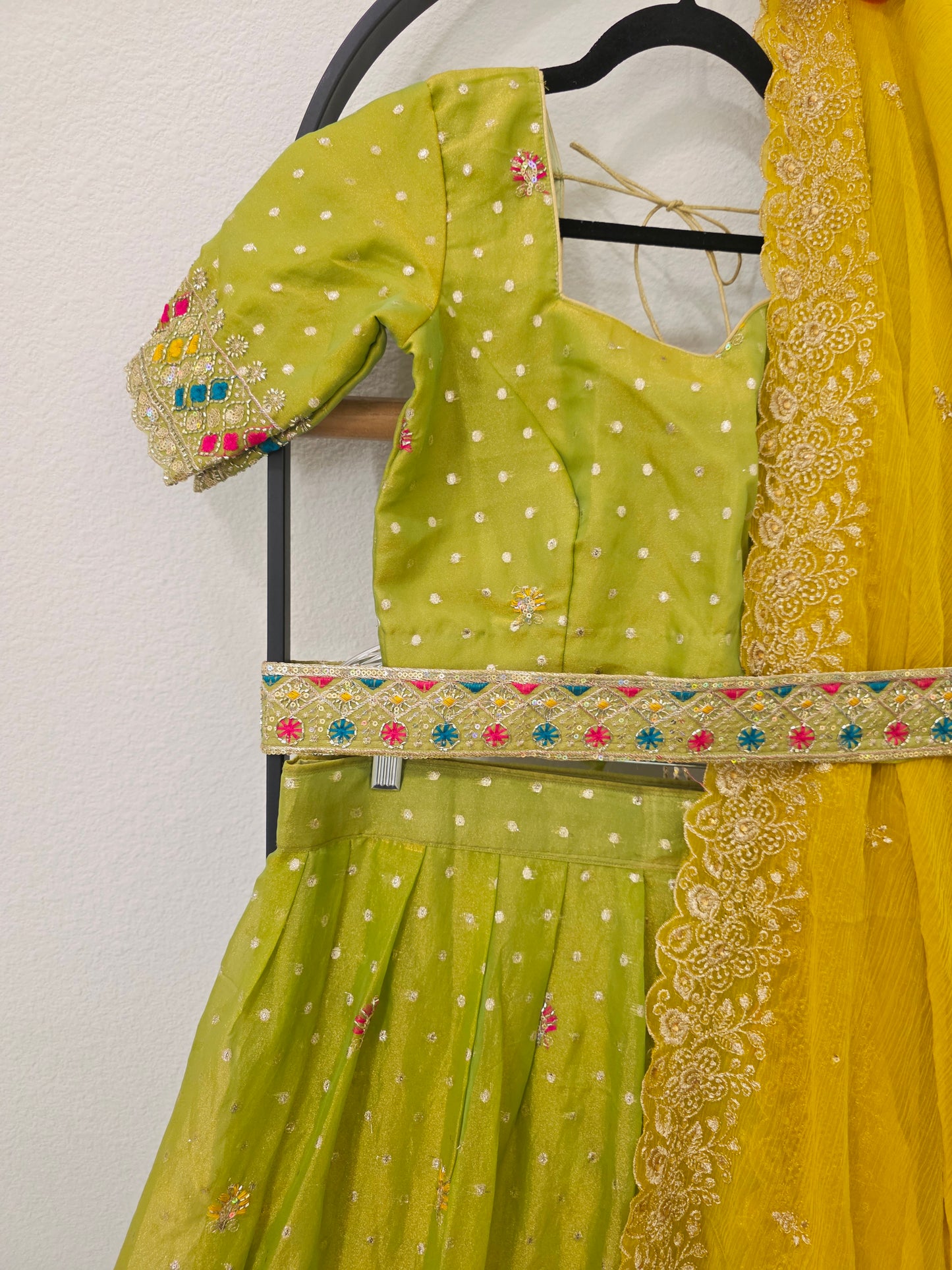 Lime Green Space Silk Deer Embroidered Half Saree Set with Yellow Dupatta