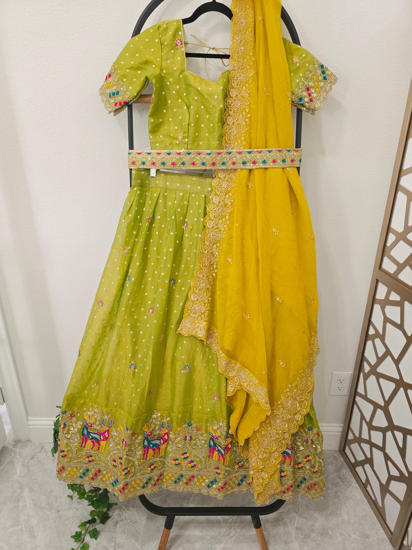 Lime Green Space Silk Deer Embroidered Half Saree Set with Yellow Dupatta
