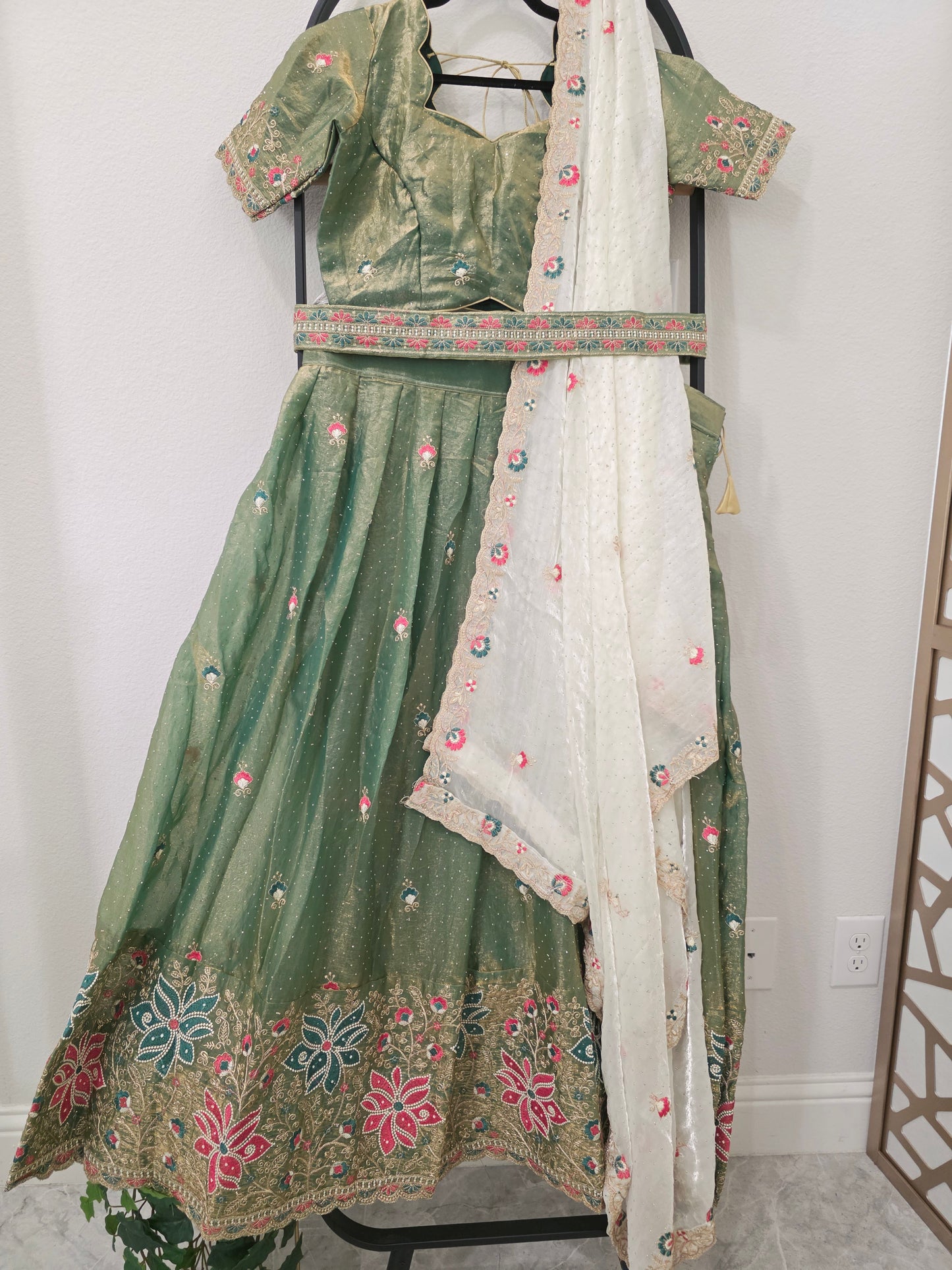 Sage Green Space Silk Floral Lehenga Half Saree | Blouse 38-44