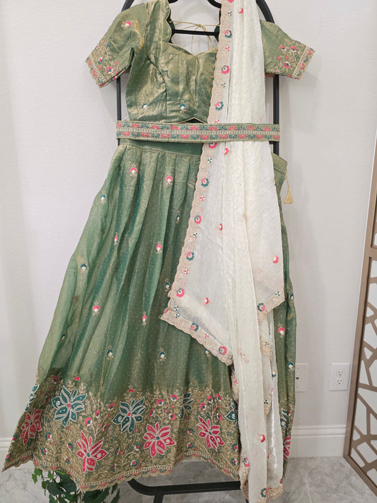 Sage Green Space Silk Floral Lehenga Half Saree | Blouse 38-44
