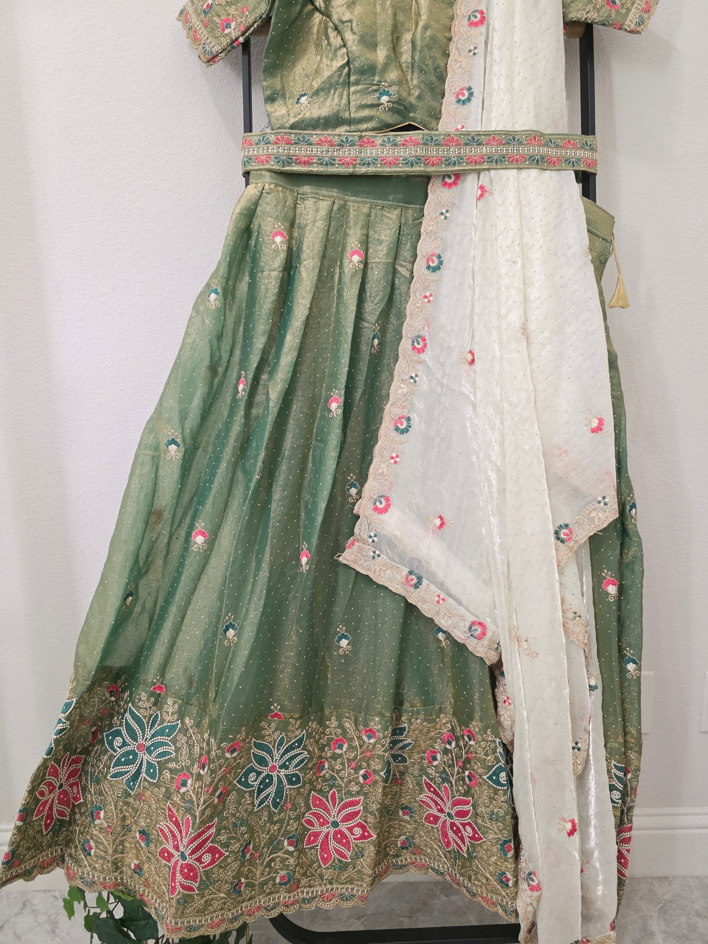 Sage Green Space Silk Floral Lehenga Half Saree | Blouse 38-44