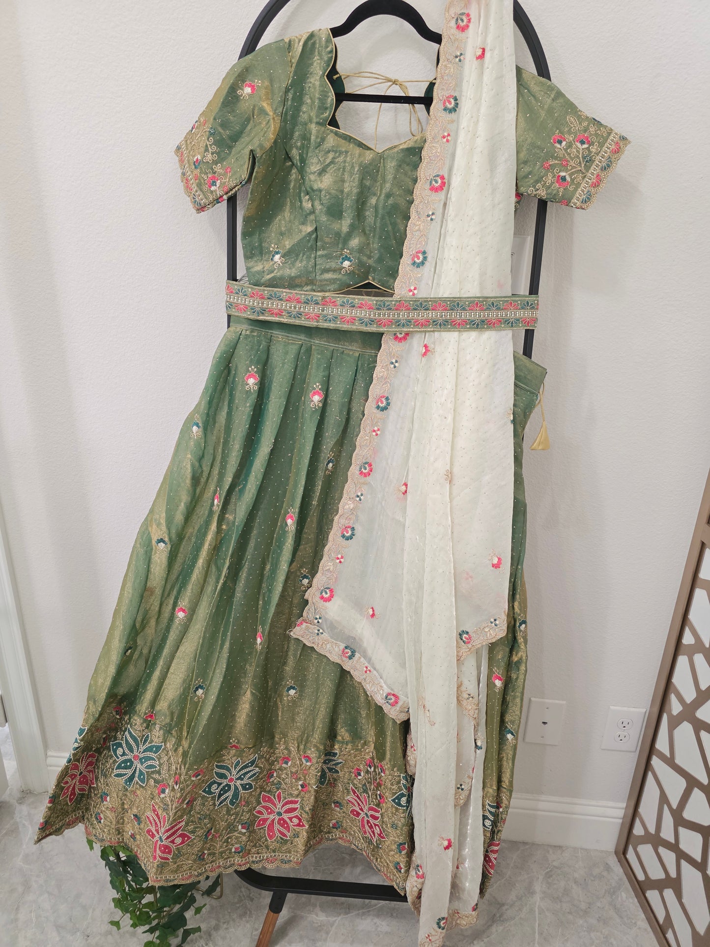 Sage Green Space Silk Floral Lehenga Half Saree | Blouse 38-44