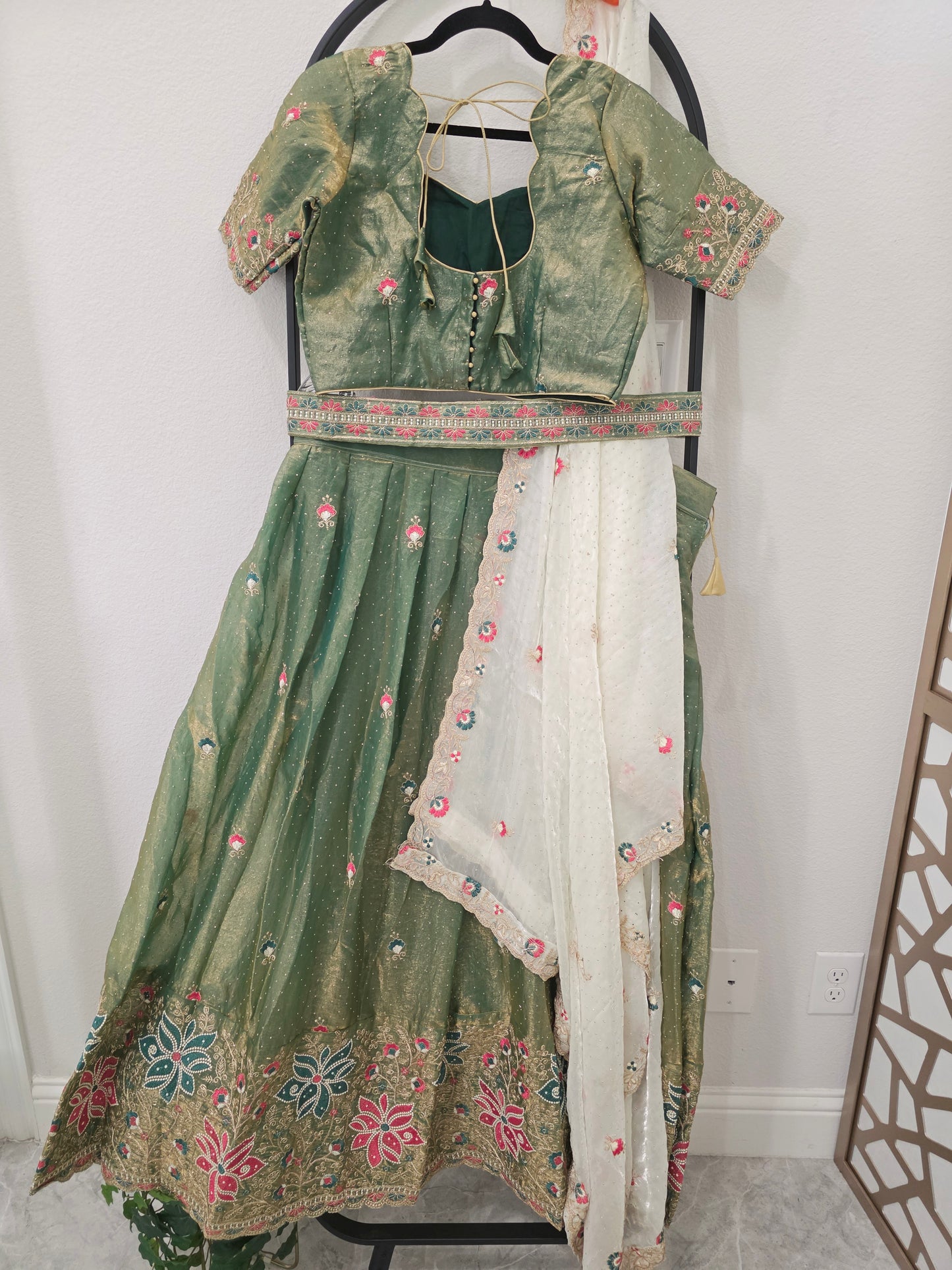 Sage Green Space Silk Floral Lehenga Half Saree | Blouse 38-44