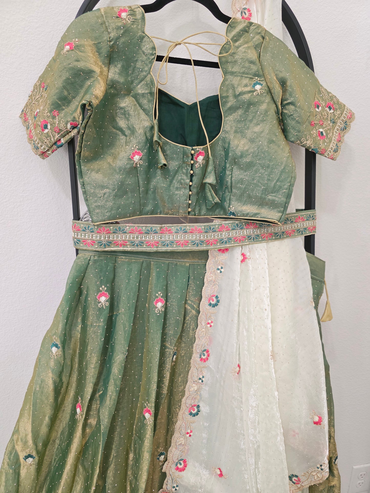 Sage Green Space Silk Floral Lehenga Half Saree | Blouse 38-44