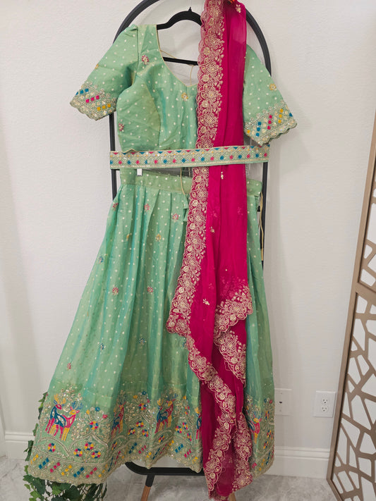 Seafoam Mint Green Space Silk Deer Embroidered Half Saree Set