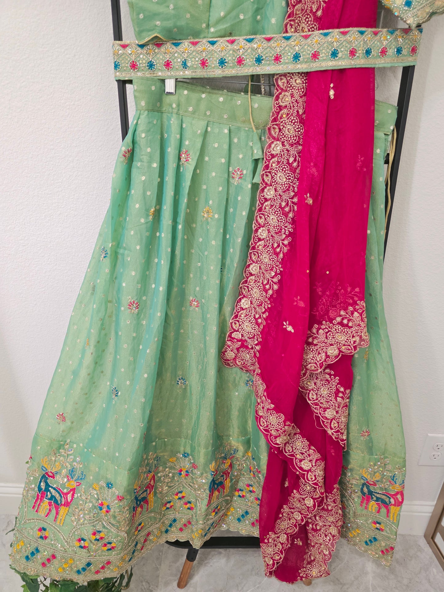Seafoam Mint Green Space Silk Deer Embroidered Half Saree Set