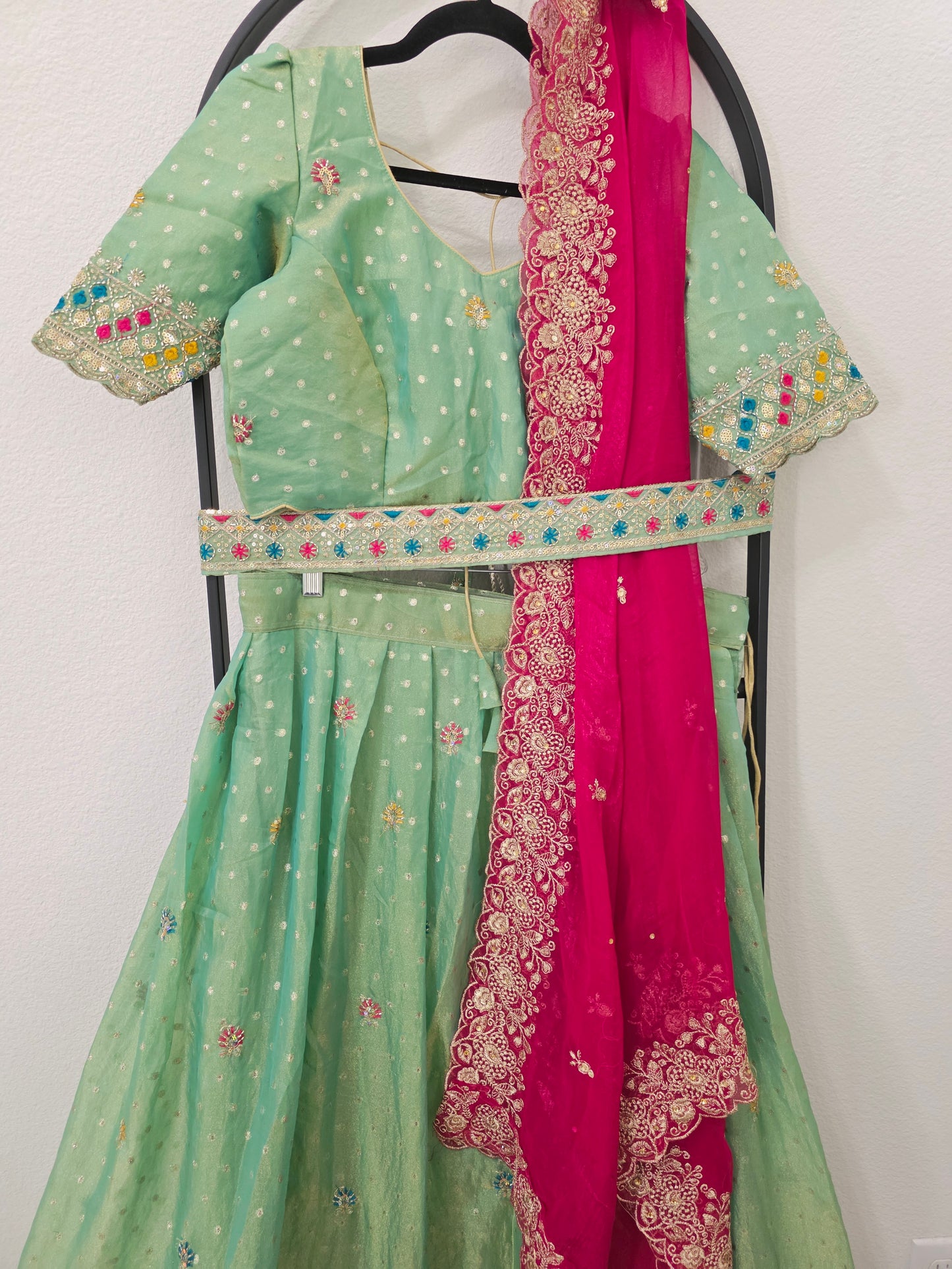 Seafoam Mint Green Space Silk Deer Embroidered Half Saree Set