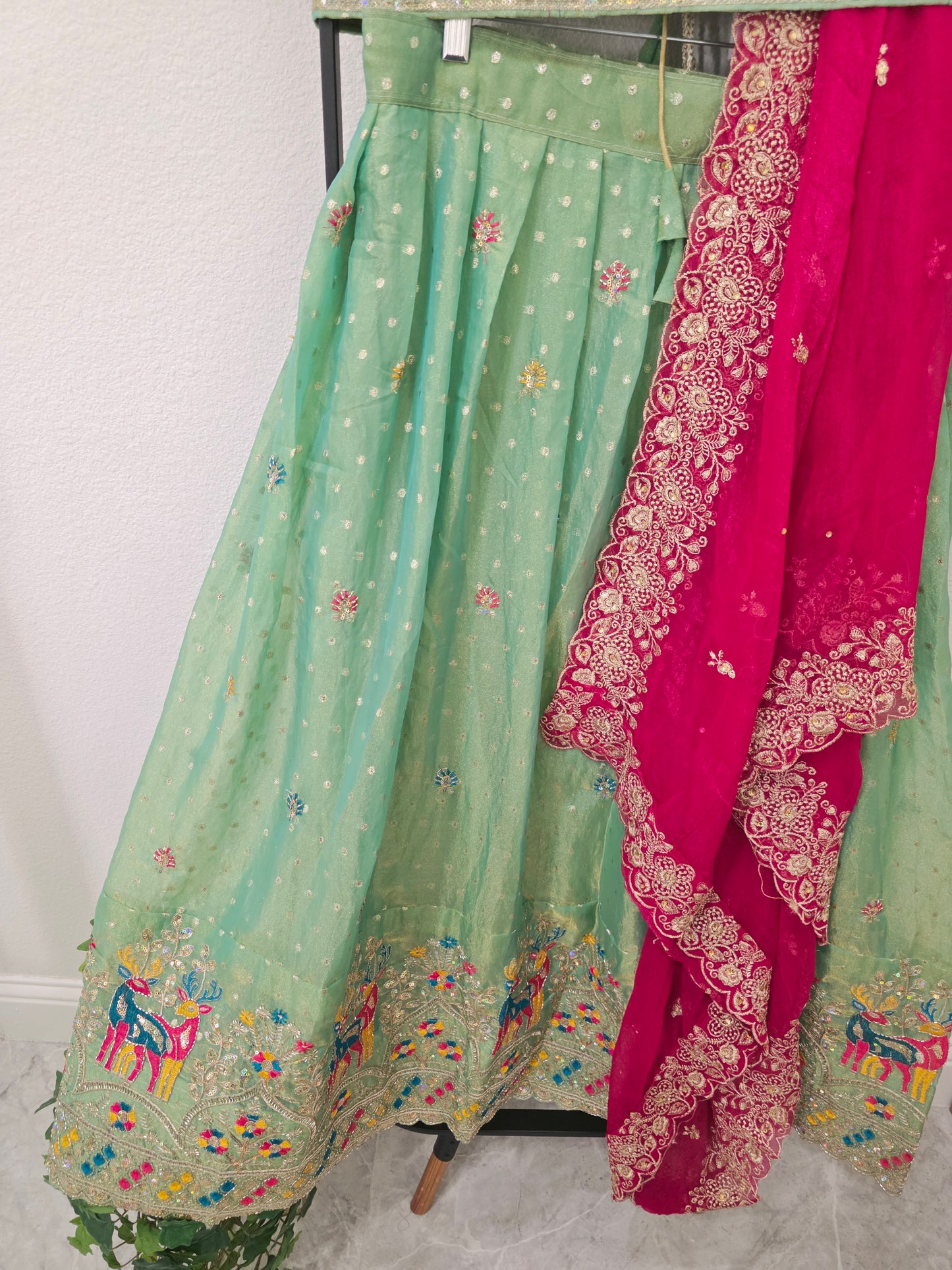 Seafoam Mint Green Space Silk Deer Embroidered Half Saree Set