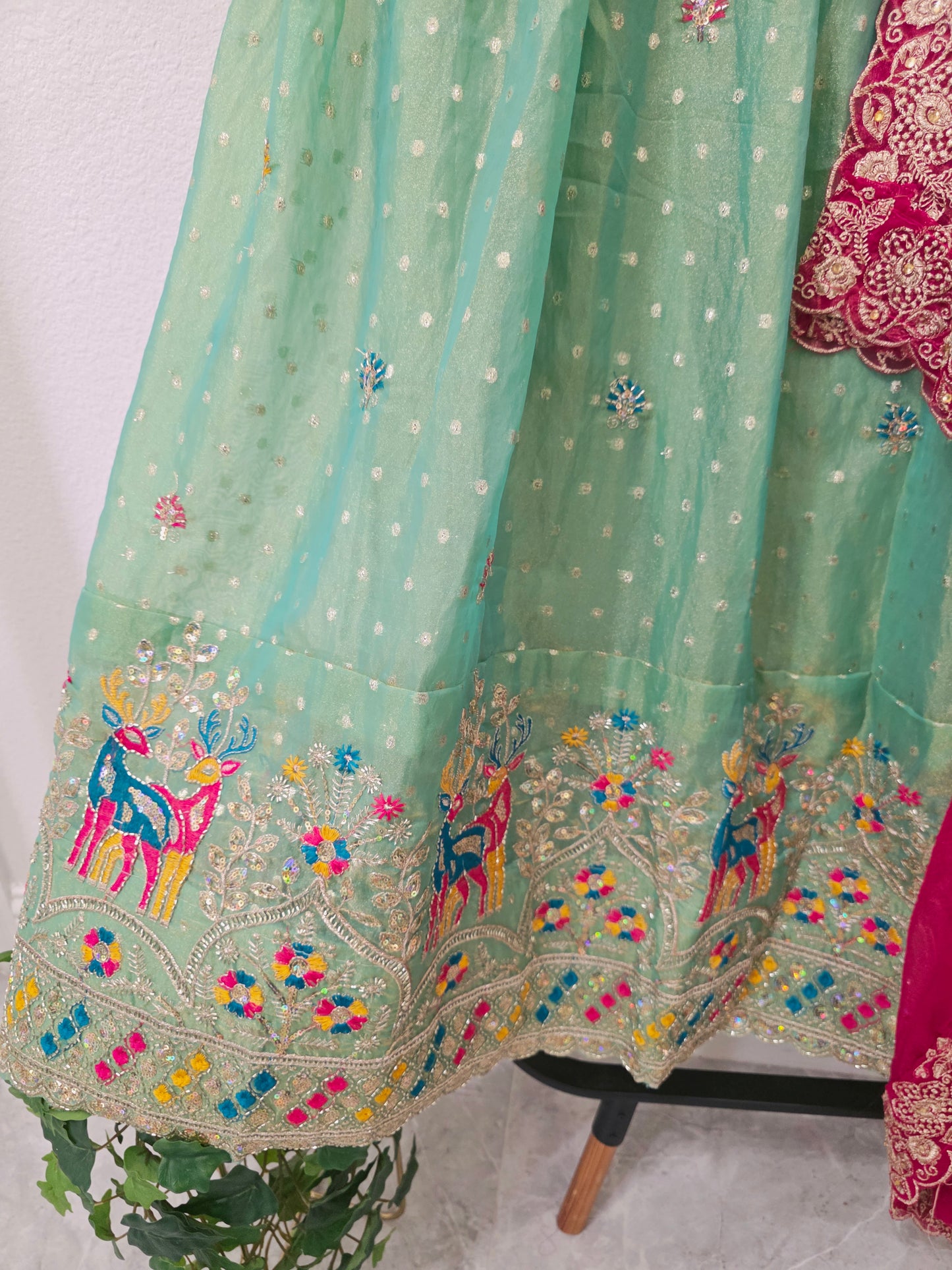 Seafoam Mint Green Space Silk Deer Embroidered Half Saree Set