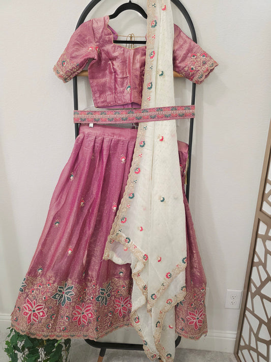 Dusty Rose Mauve Space Silk Floral Half Saree Lehenga | Blouse 32-38