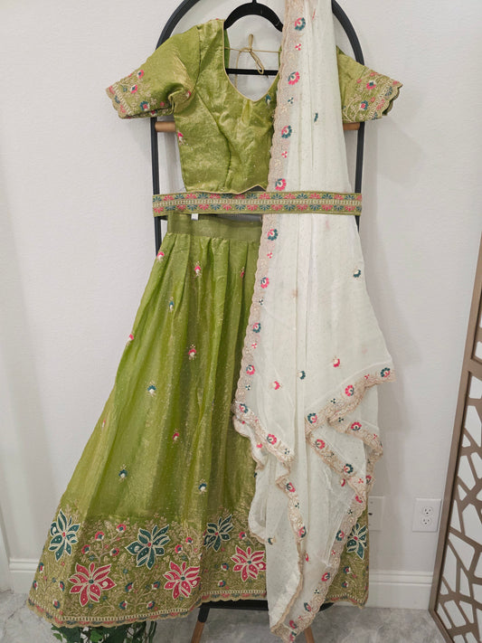 Pistachio Green Space Silk Floral Lehenga Half Saree | Blouse 34-40