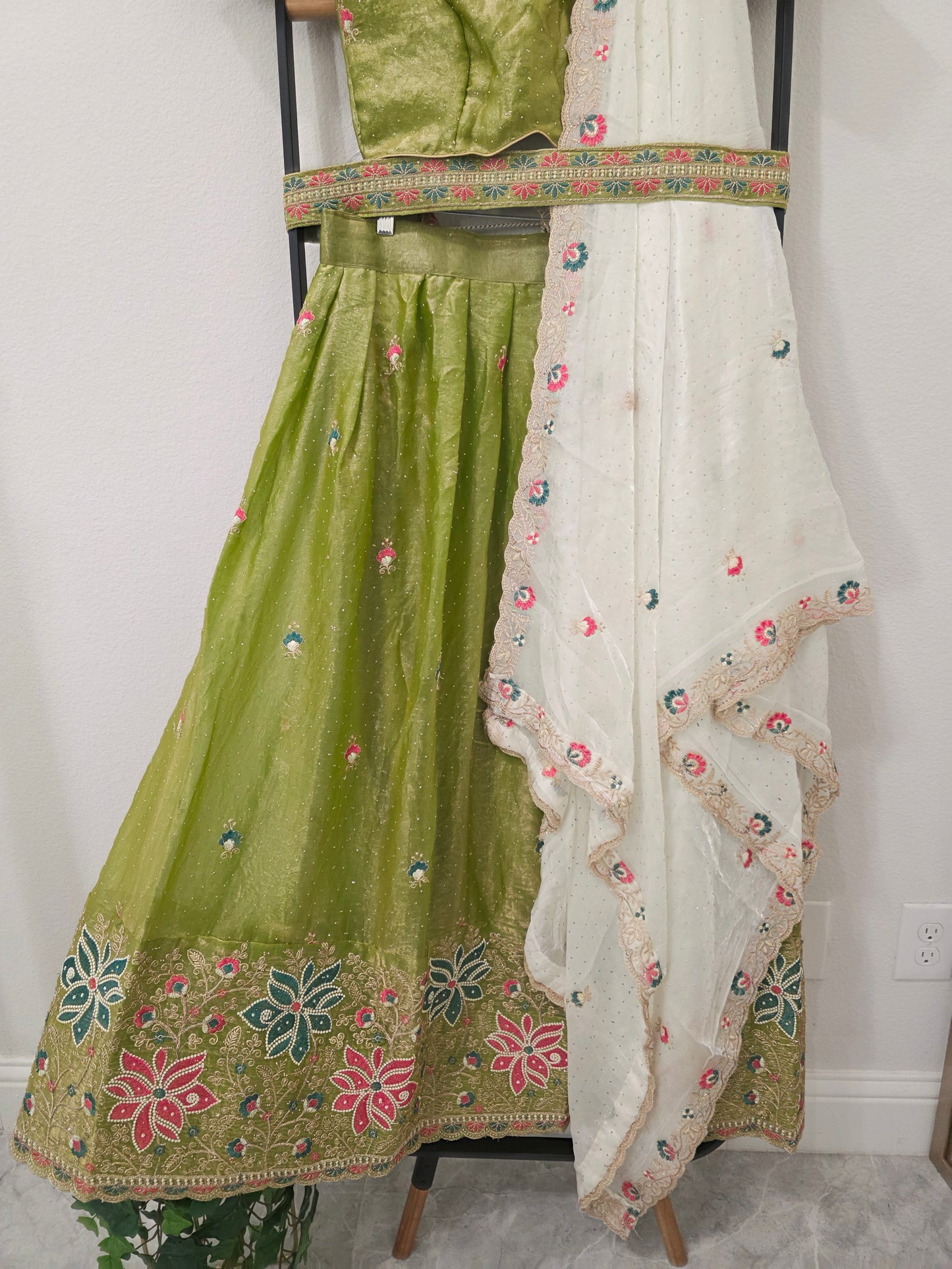 Pistachio Green Space Silk Floral Lehenga Half Saree | Blouse 34-40