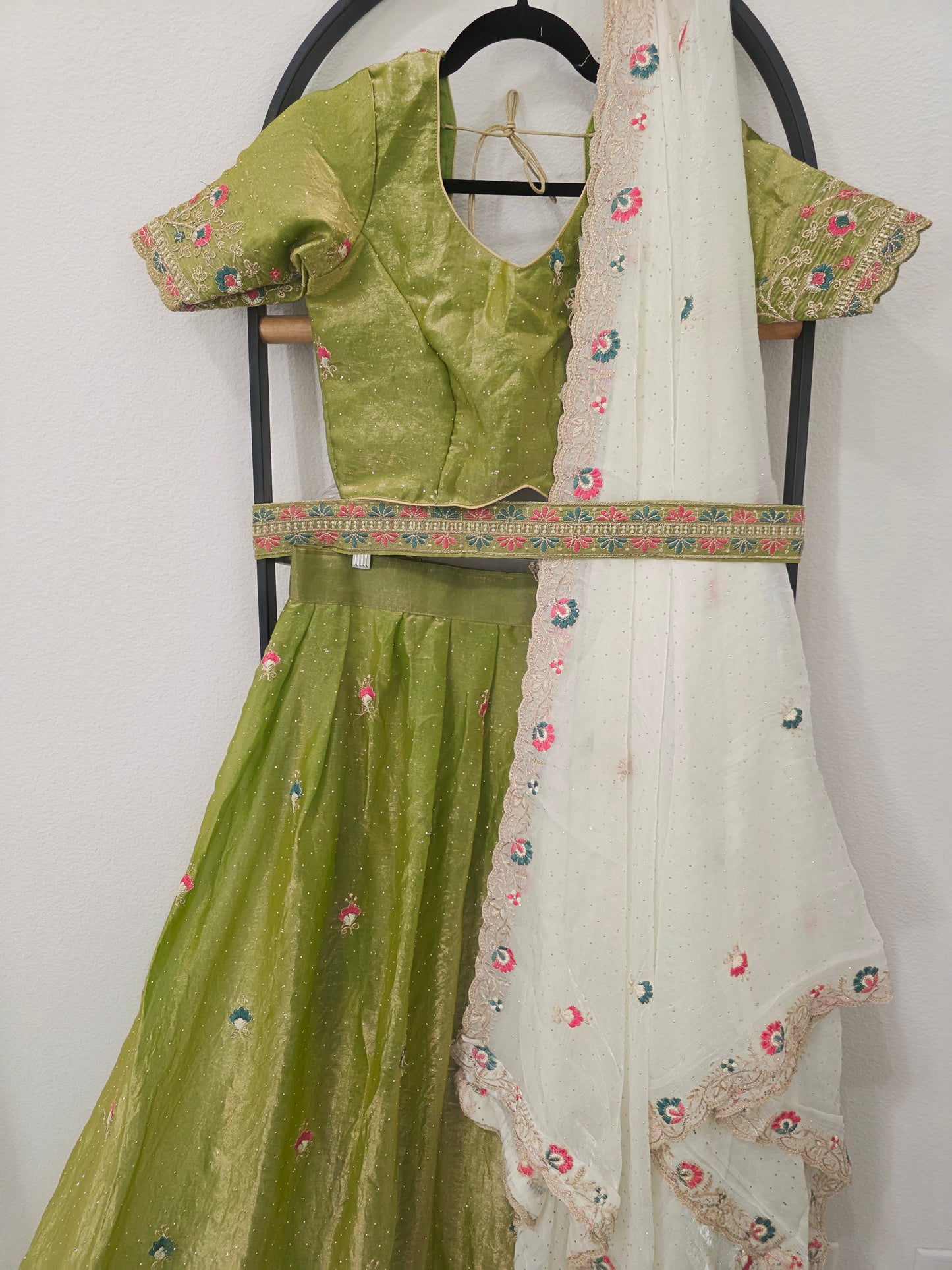 Pistachio Green Space Silk Floral Lehenga Half Saree | Blouse 34-40