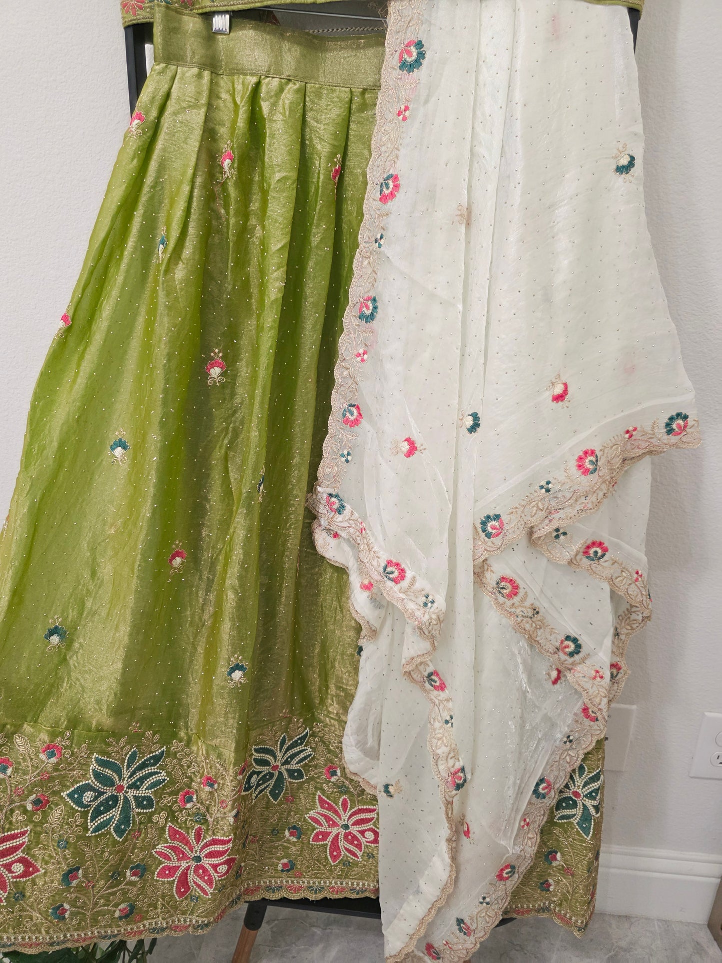 Pistachio Green Space Silk Floral Lehenga Half Saree | Blouse 34-40