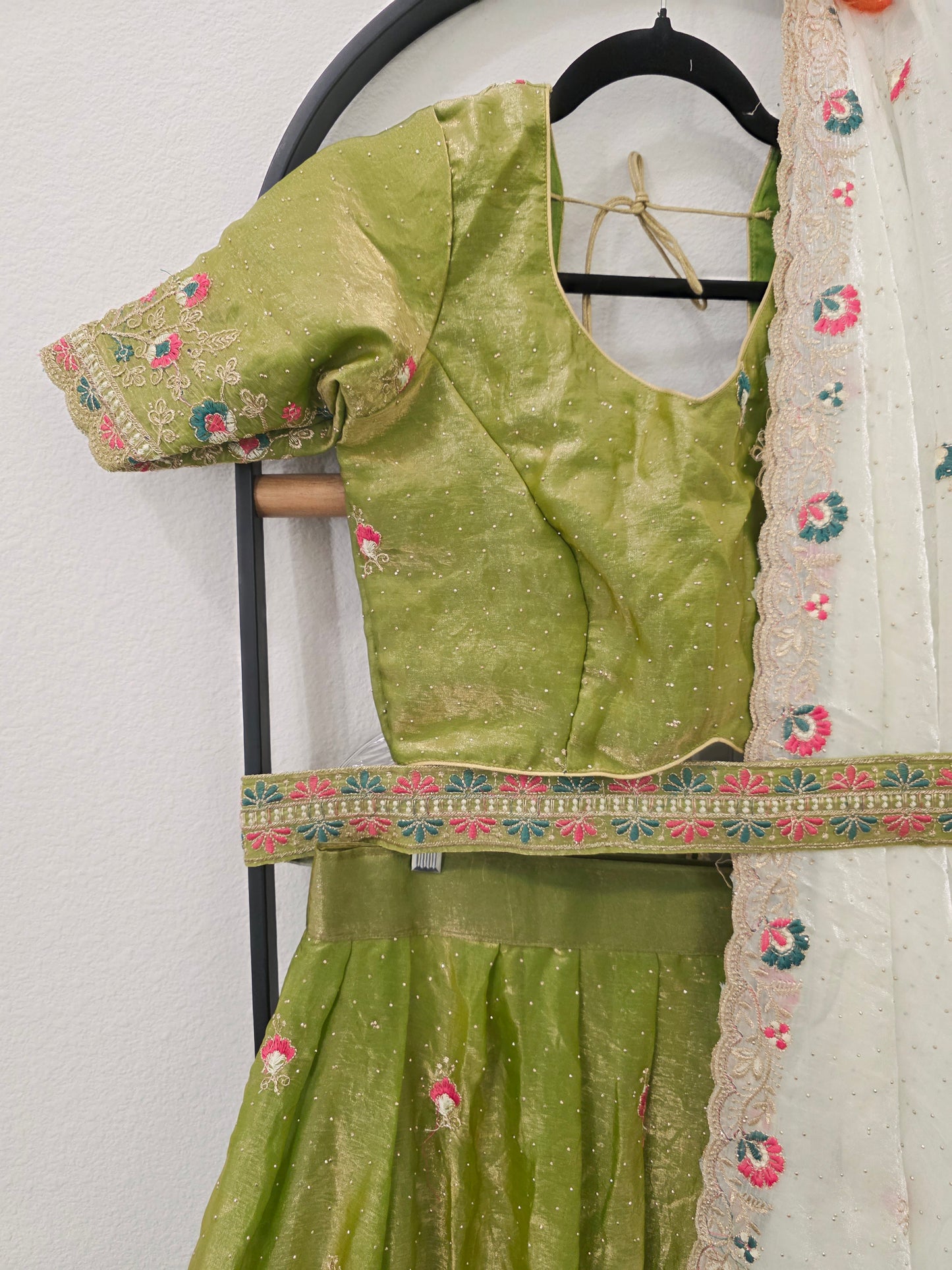 Pistachio Green Space Silk Floral Lehenga Half Saree | Blouse 34-40