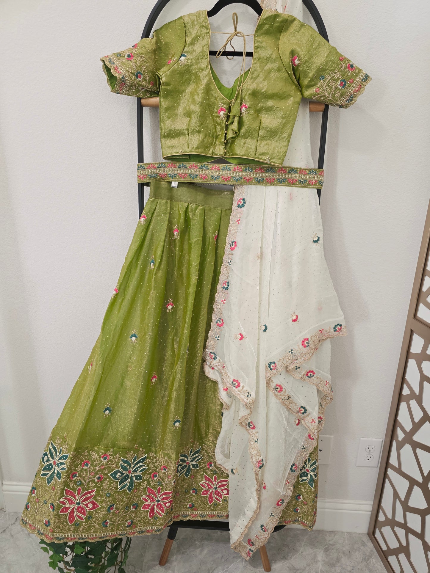 Pistachio Green Space Silk Floral Lehenga Half Saree | Blouse 34-40