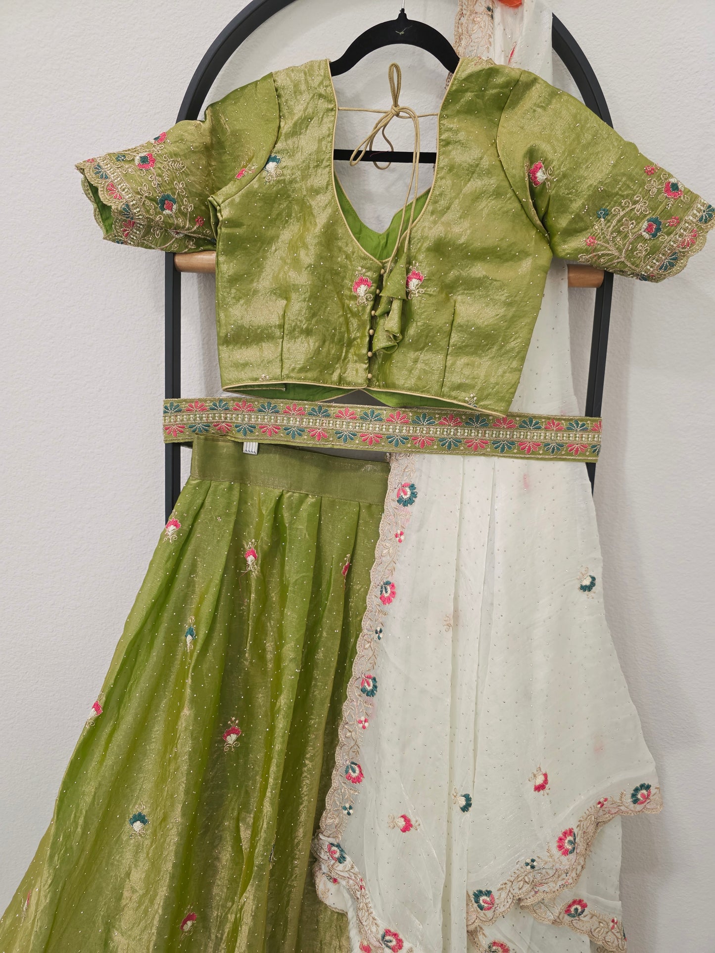 Pistachio Green Space Silk Floral Lehenga Half Saree | Blouse 34-40