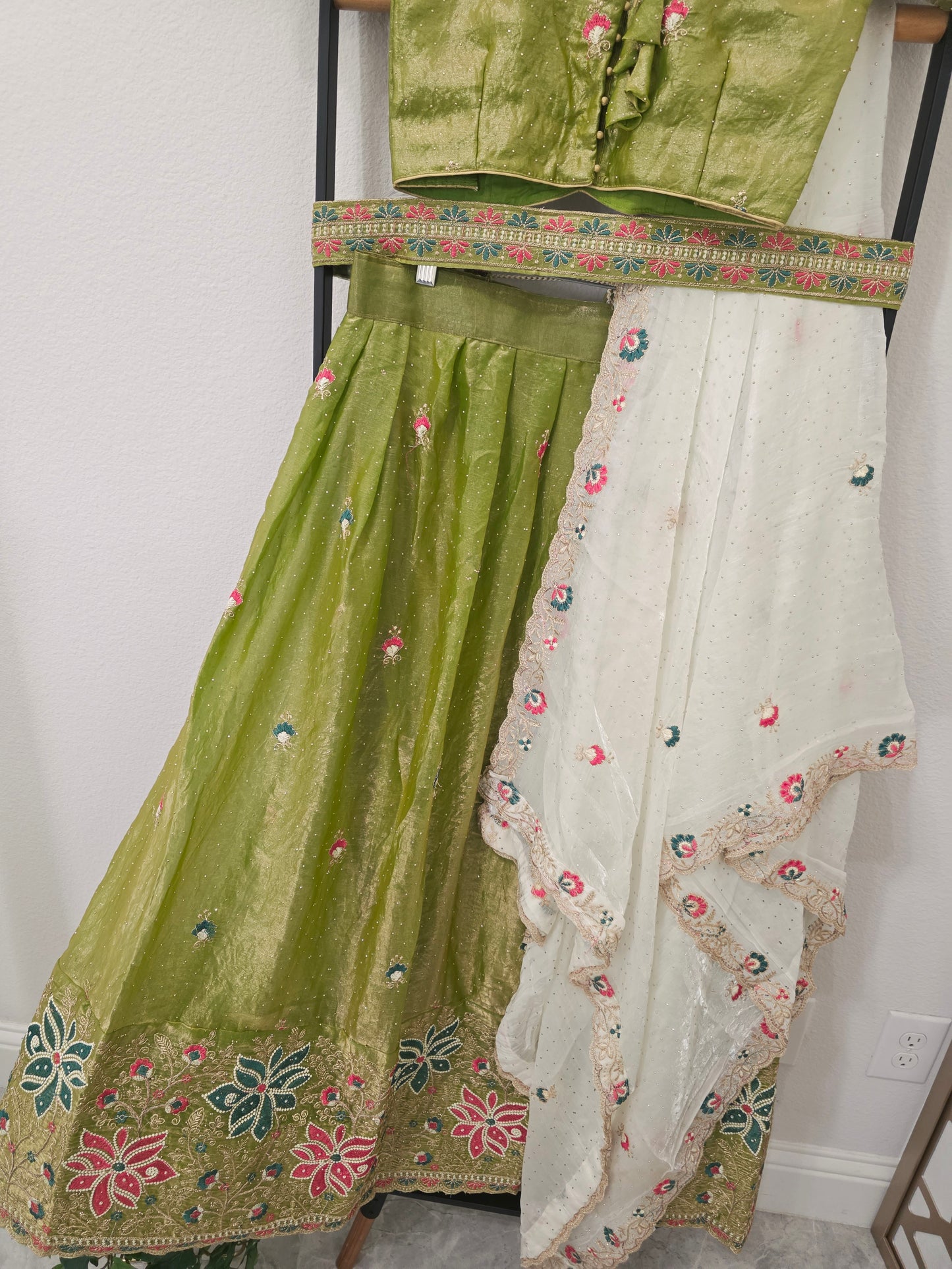 Pistachio Green Space Silk Floral Lehenga Half Saree | Blouse 34-40