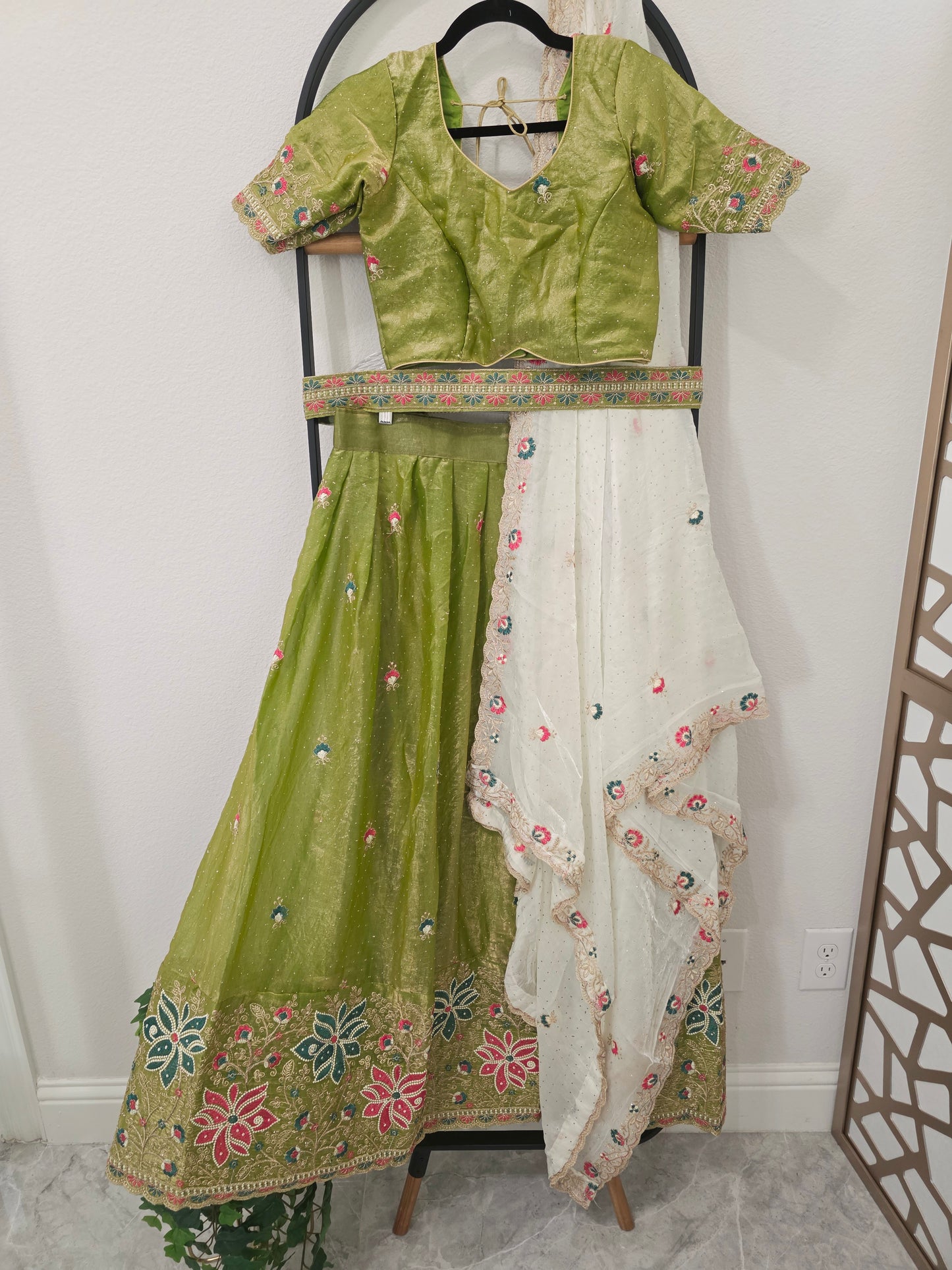 Pistachio Green Space Silk Floral Lehenga Half Saree | Blouse 34-40
