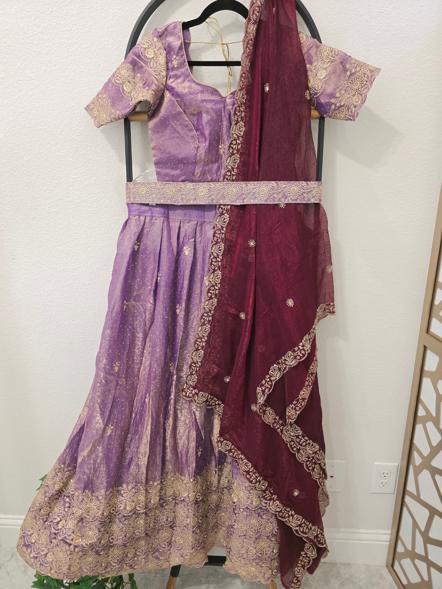 Royal Lilac Space Silk Lehenga Half Saree with Wine Dupatta | 34-40