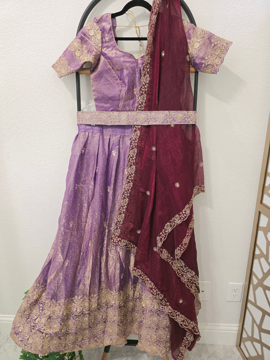 Royal Lilac Space Silk Lehenga Half Saree with Wine Dupatta | 34-40