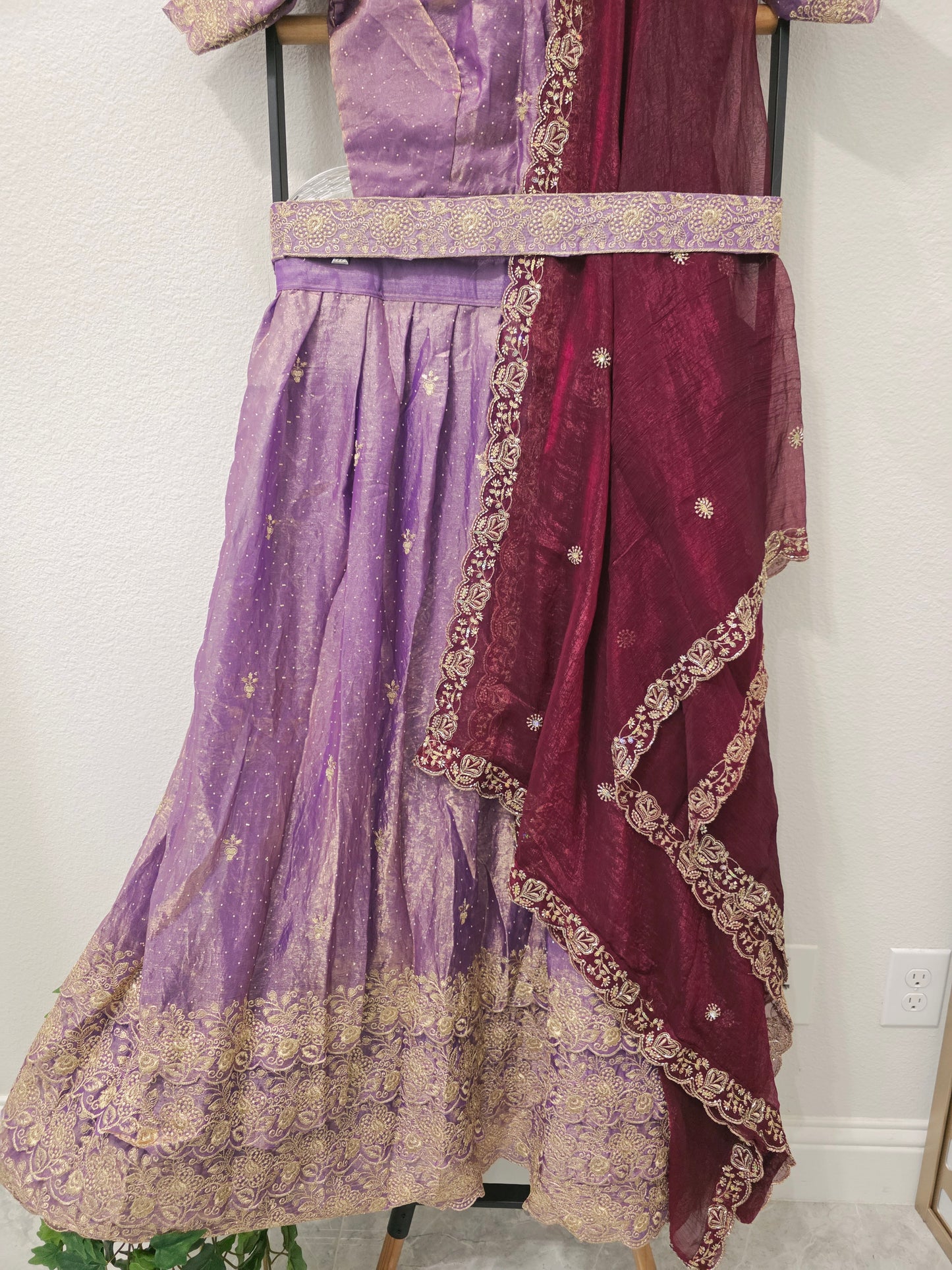 Royal Lilac Space Silk Lehenga Half Saree with Wine Dupatta | 34-40