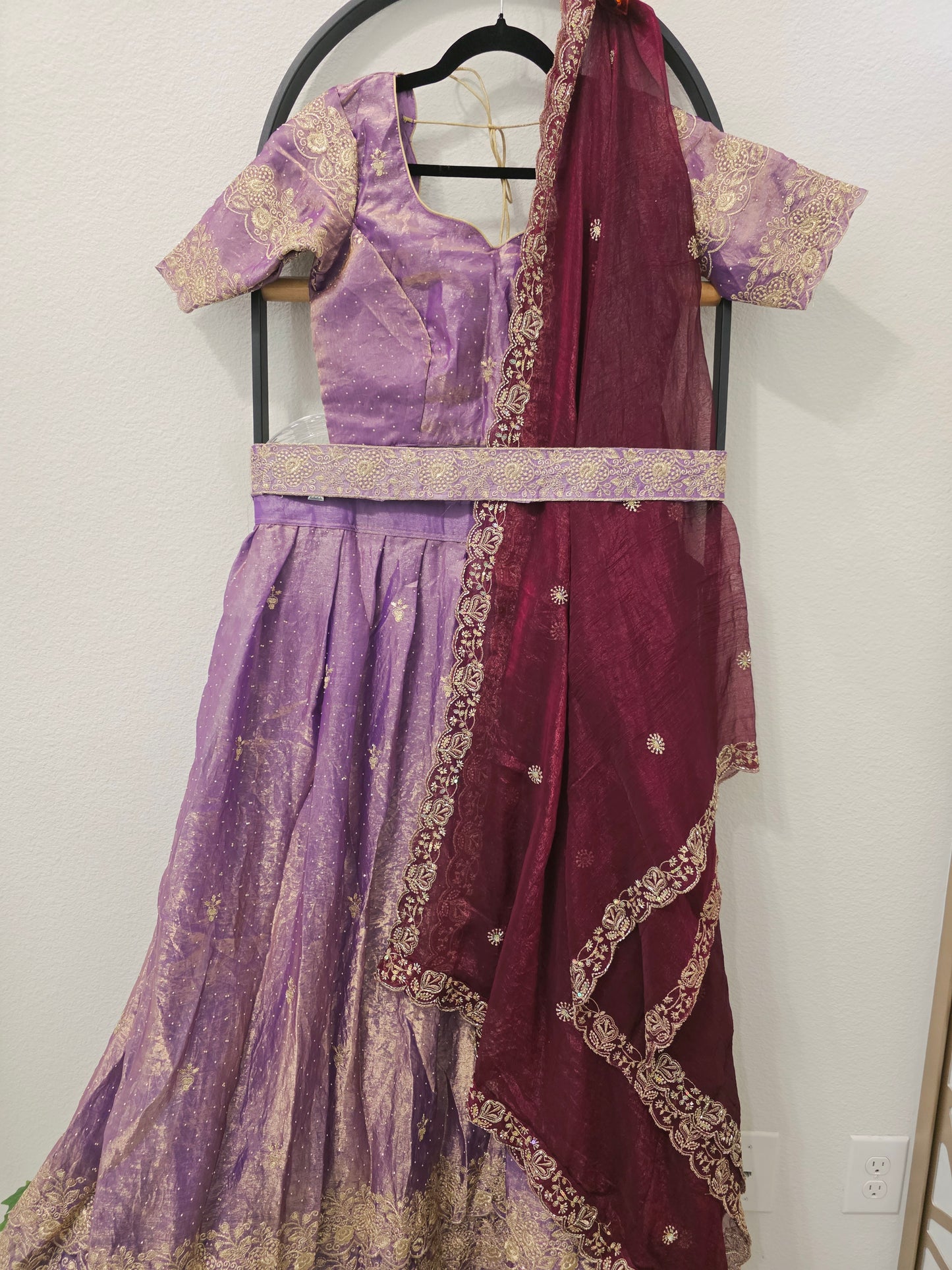 Royal Lilac Space Silk Lehenga Half Saree with Wine Dupatta | 34-40
