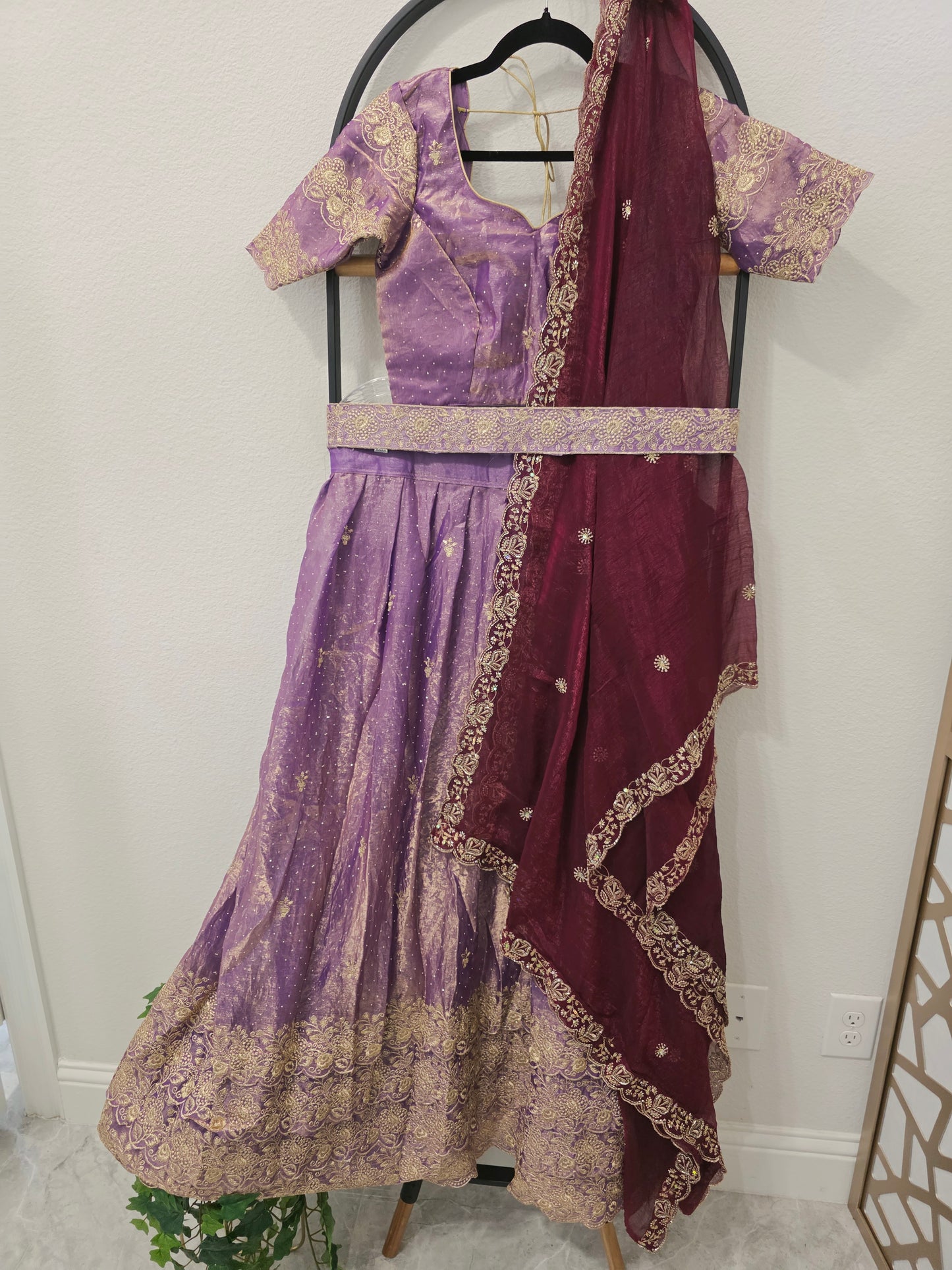 Royal Lilac Space Silk Lehenga Half Saree with Wine Dupatta | 34-40