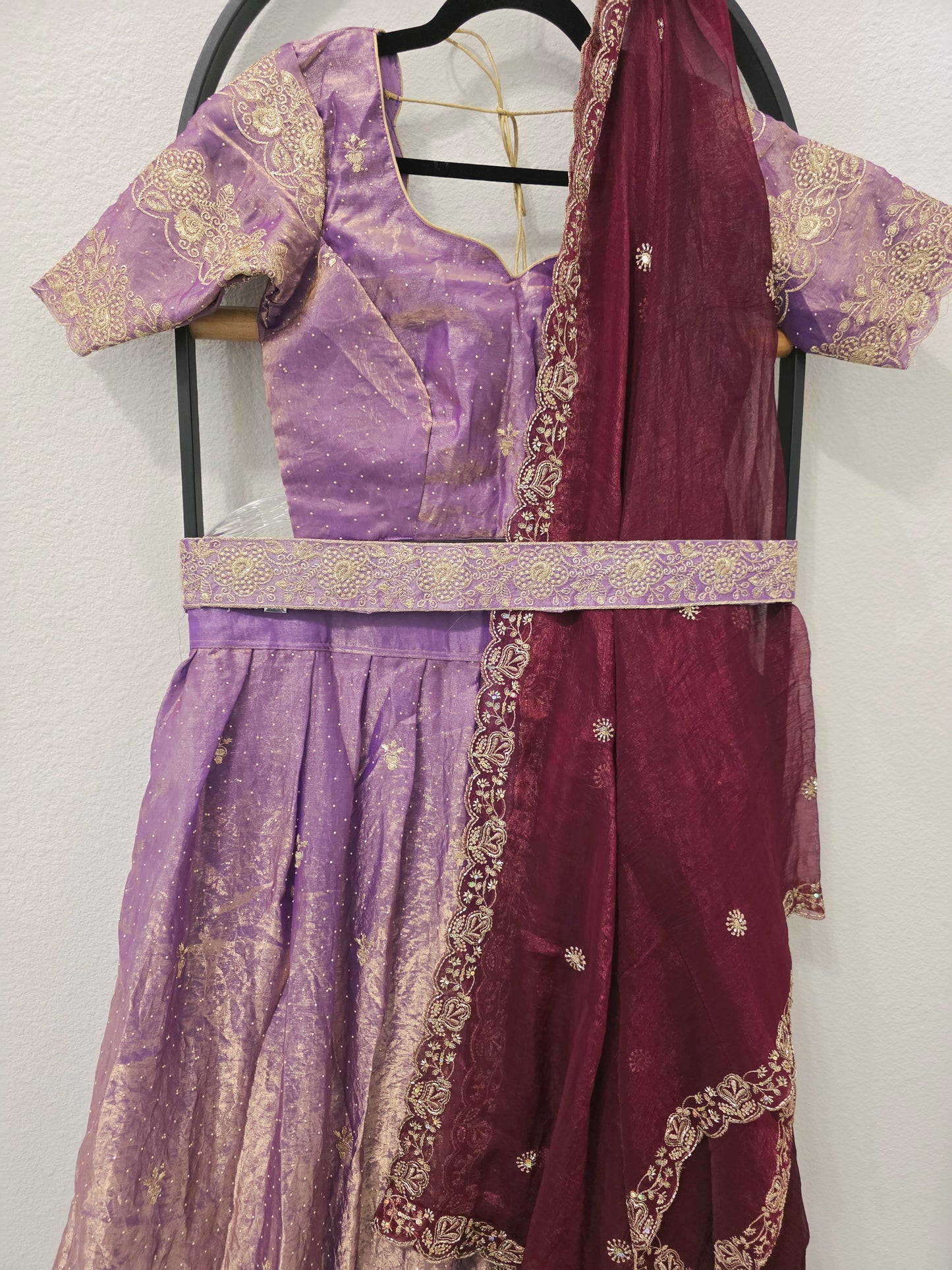 Royal Lilac Space Silk Lehenga Half Saree with Wine Dupatta | 34-40