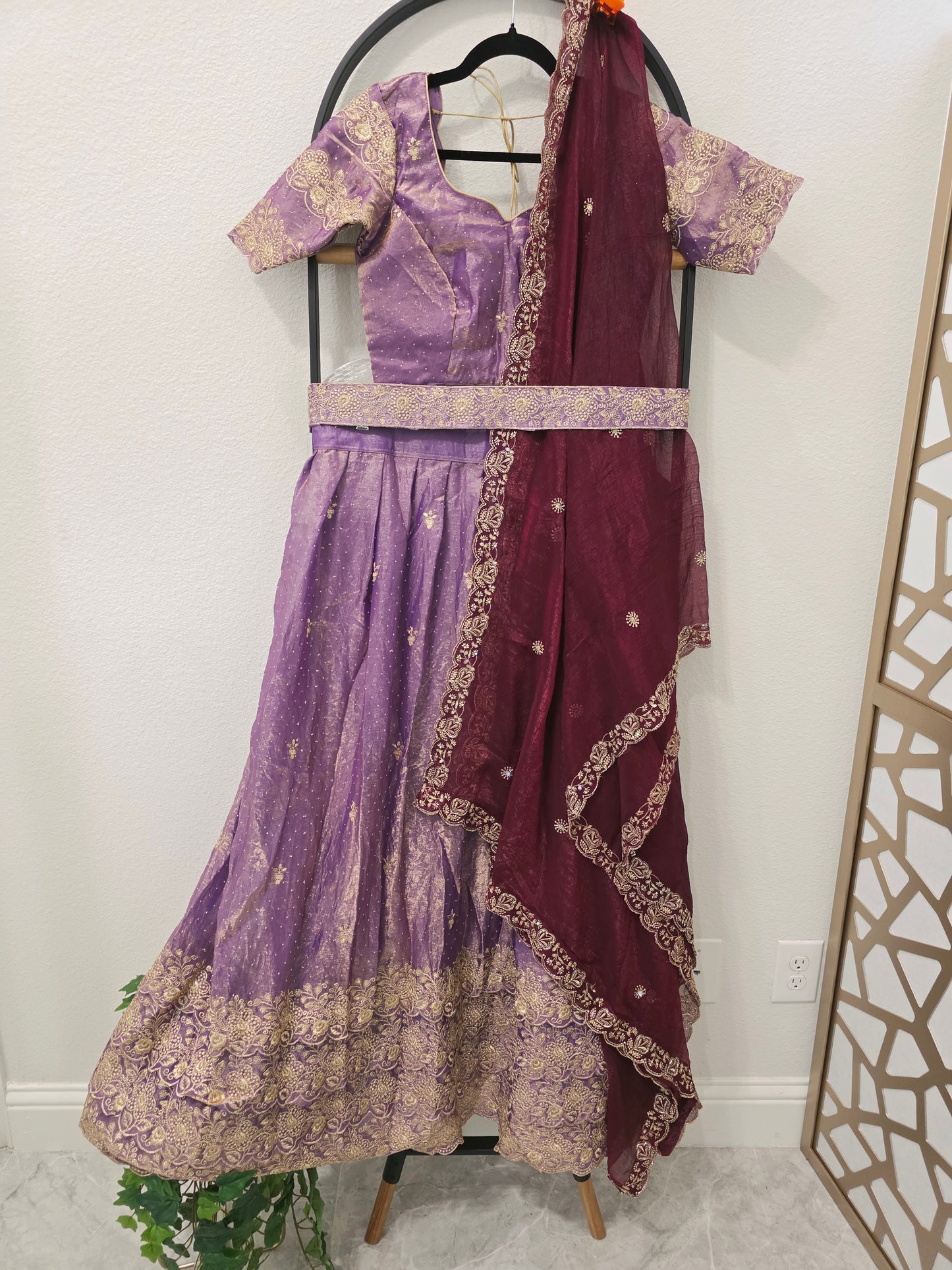 Royal Lilac Space Silk Lehenga Half Saree with Wine Dupatta | 34-40