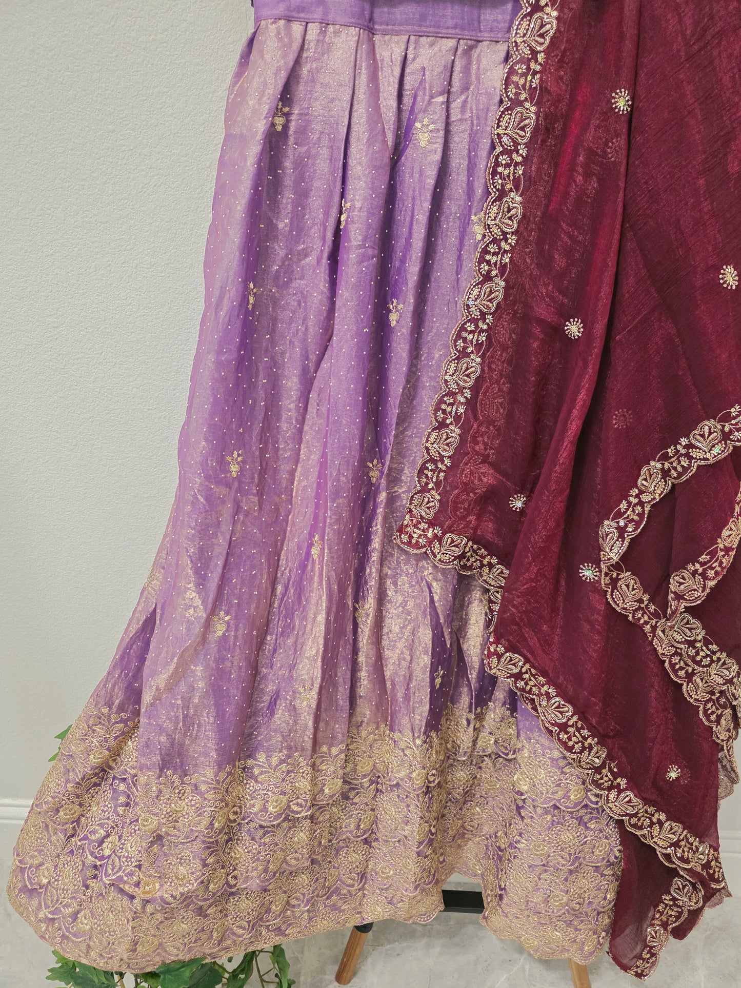 Royal Lilac Space Silk Lehenga Half Saree with Wine Dupatta | 34-40