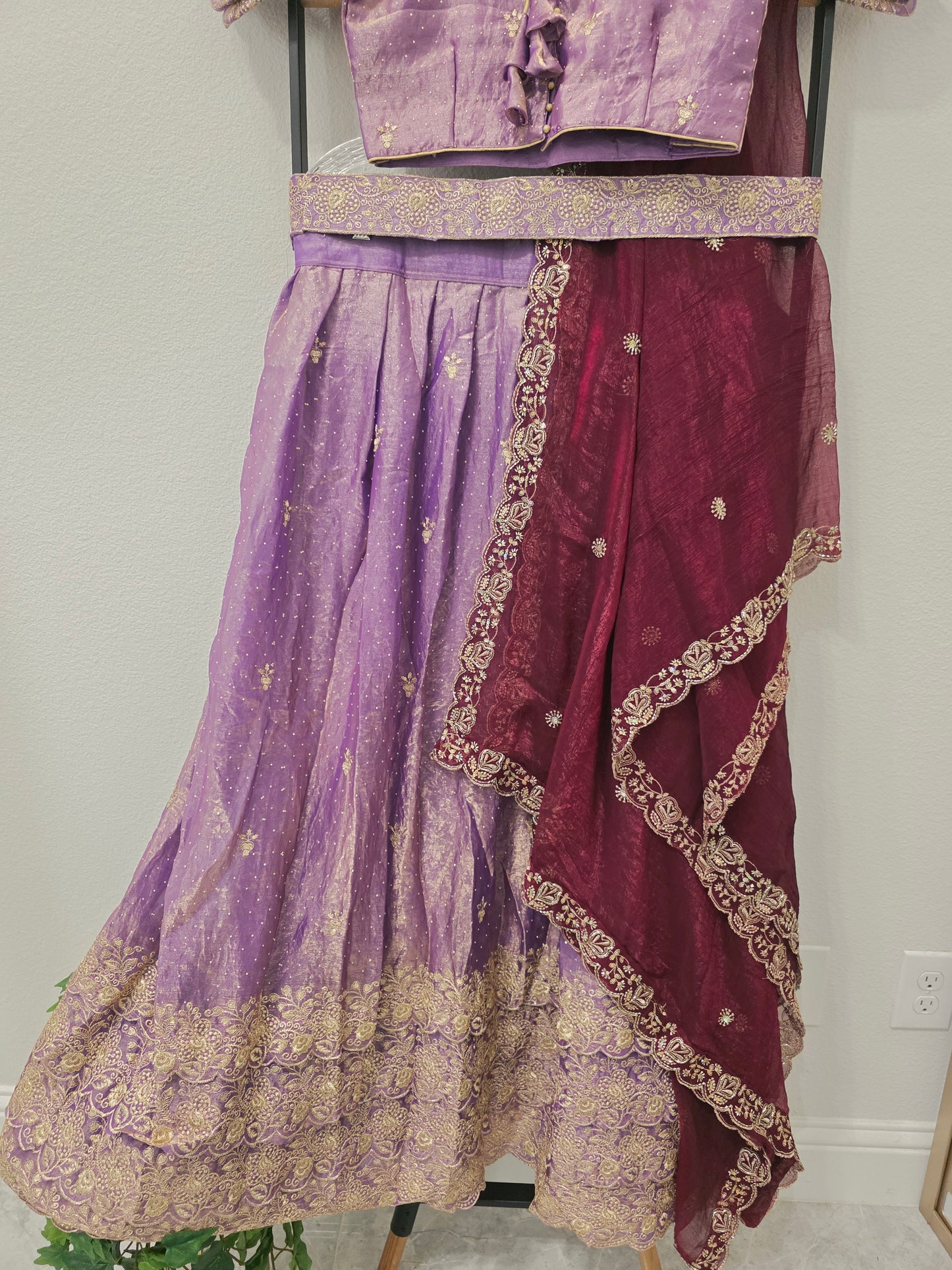 Royal Lilac Space Silk Lehenga Half Saree with Wine Dupatta | 34-40